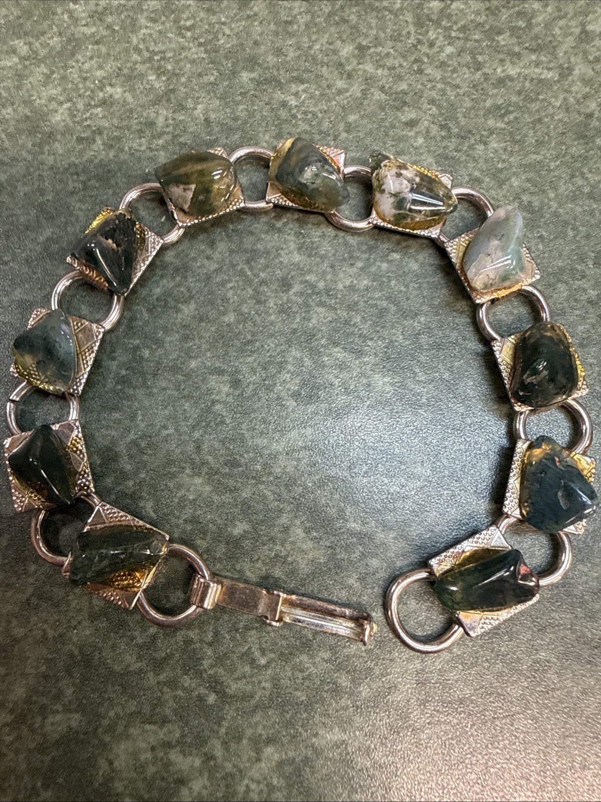 Vintage Polished Stone Link Bracelet multi color natural Green-earthtone jewelry