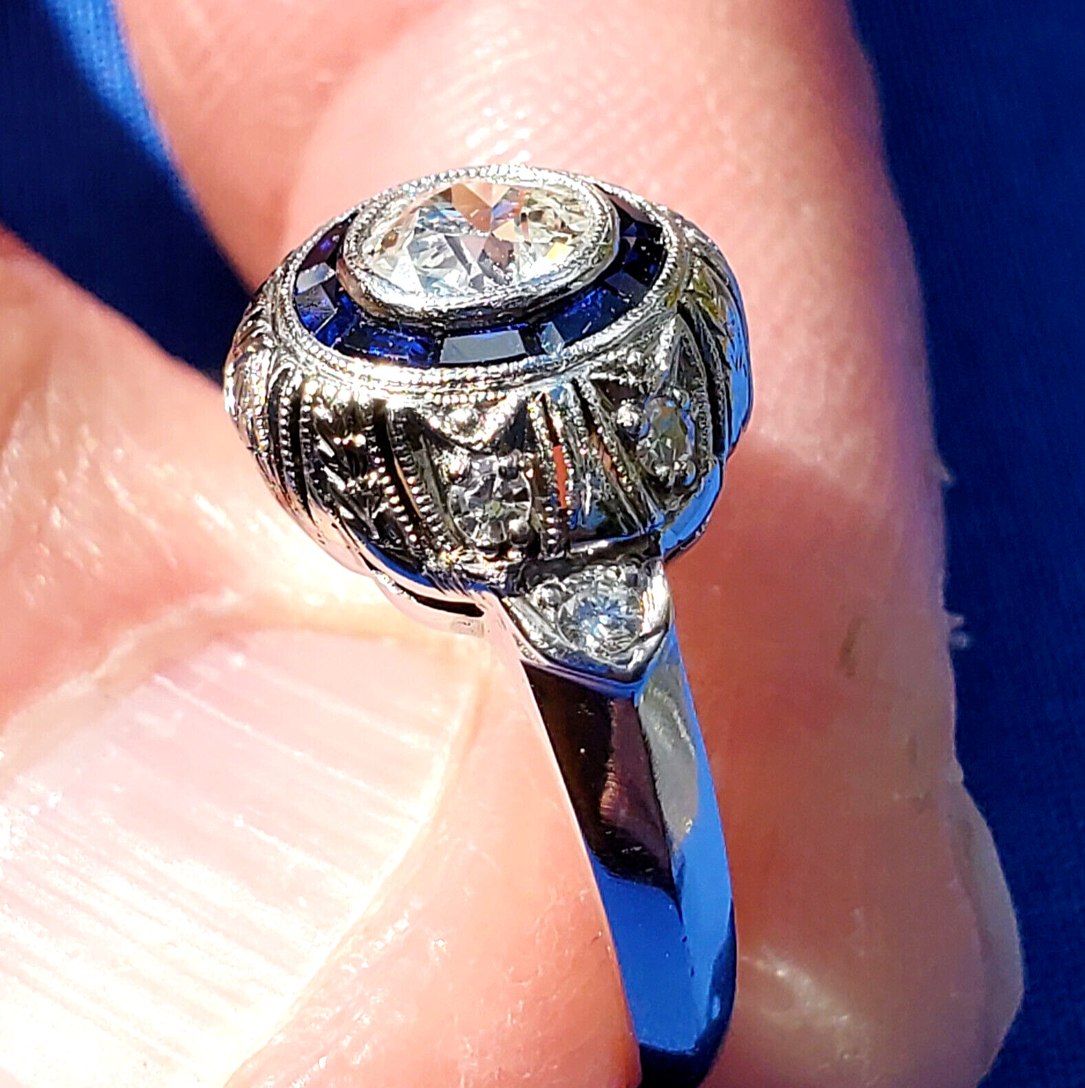 Original EARTH MINED DIAMOND Engagement Ring Deco PLATINUM SAPPHIRE Solitaire 5