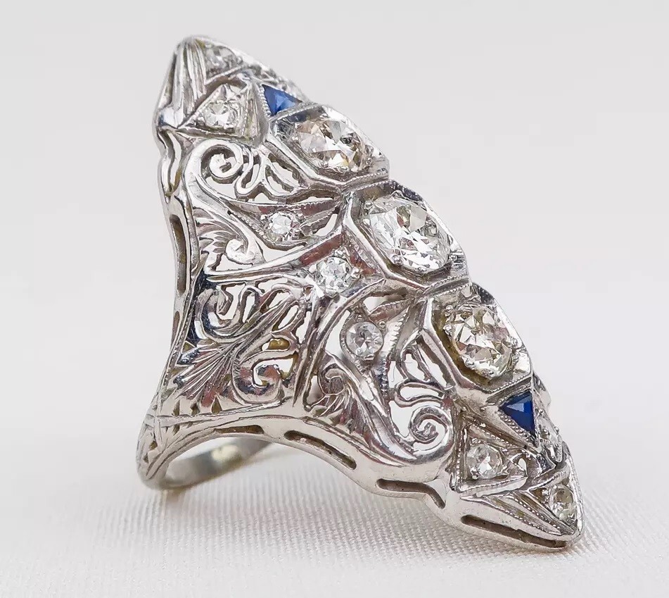 Circa 1920s Exquisite Art Deco 925 Real Silver White CZ & Blue Sapphire Ring