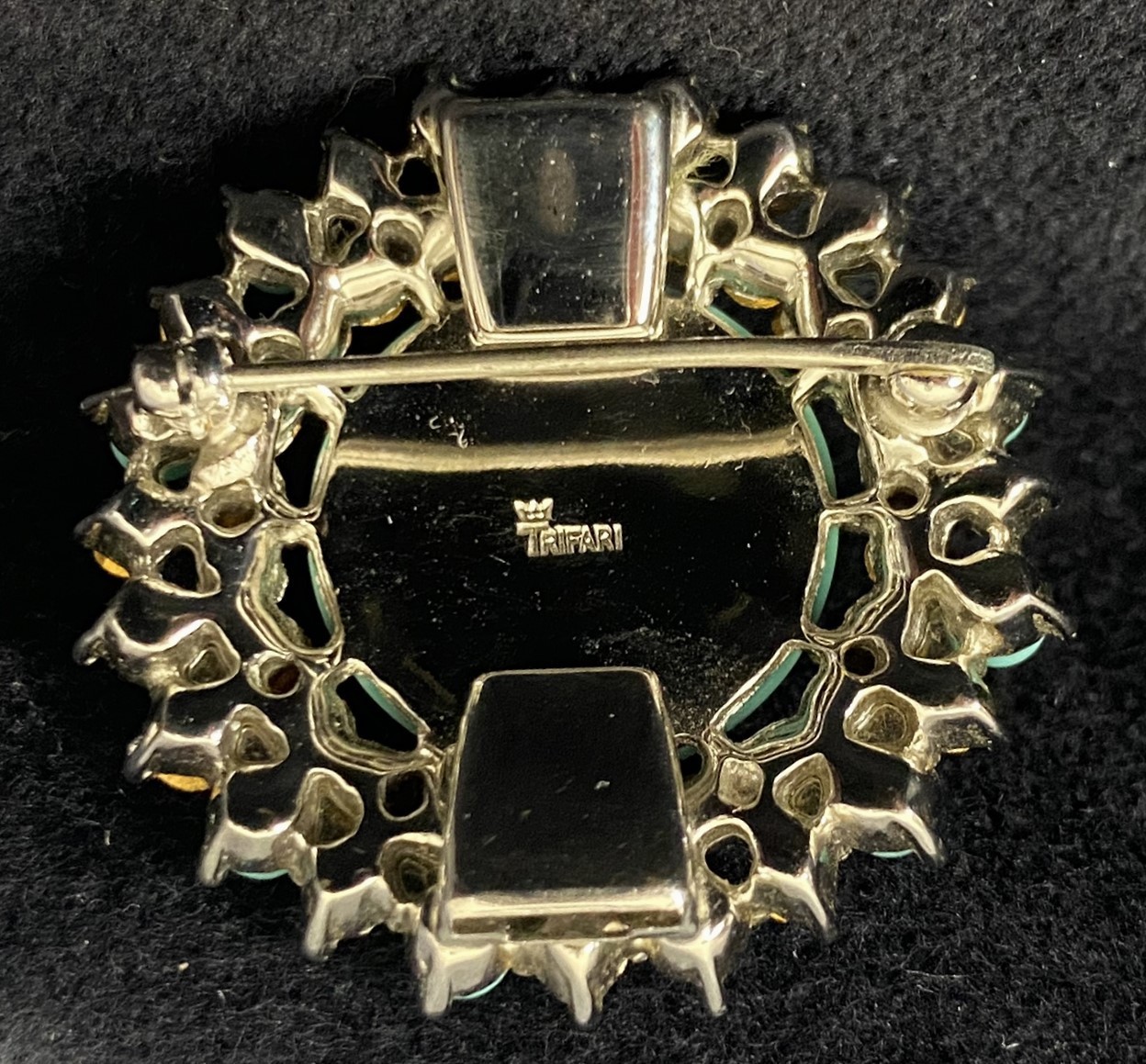 Vintage, Signed, Trifari Costume Jewelry Brooch Faux Turquoise Blue Rhinestones