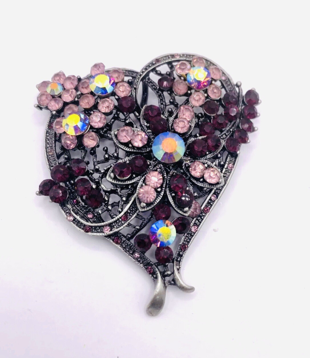 Vintage 1990s 1980s Heart Brooch Pink Jewels Rhinestones E2