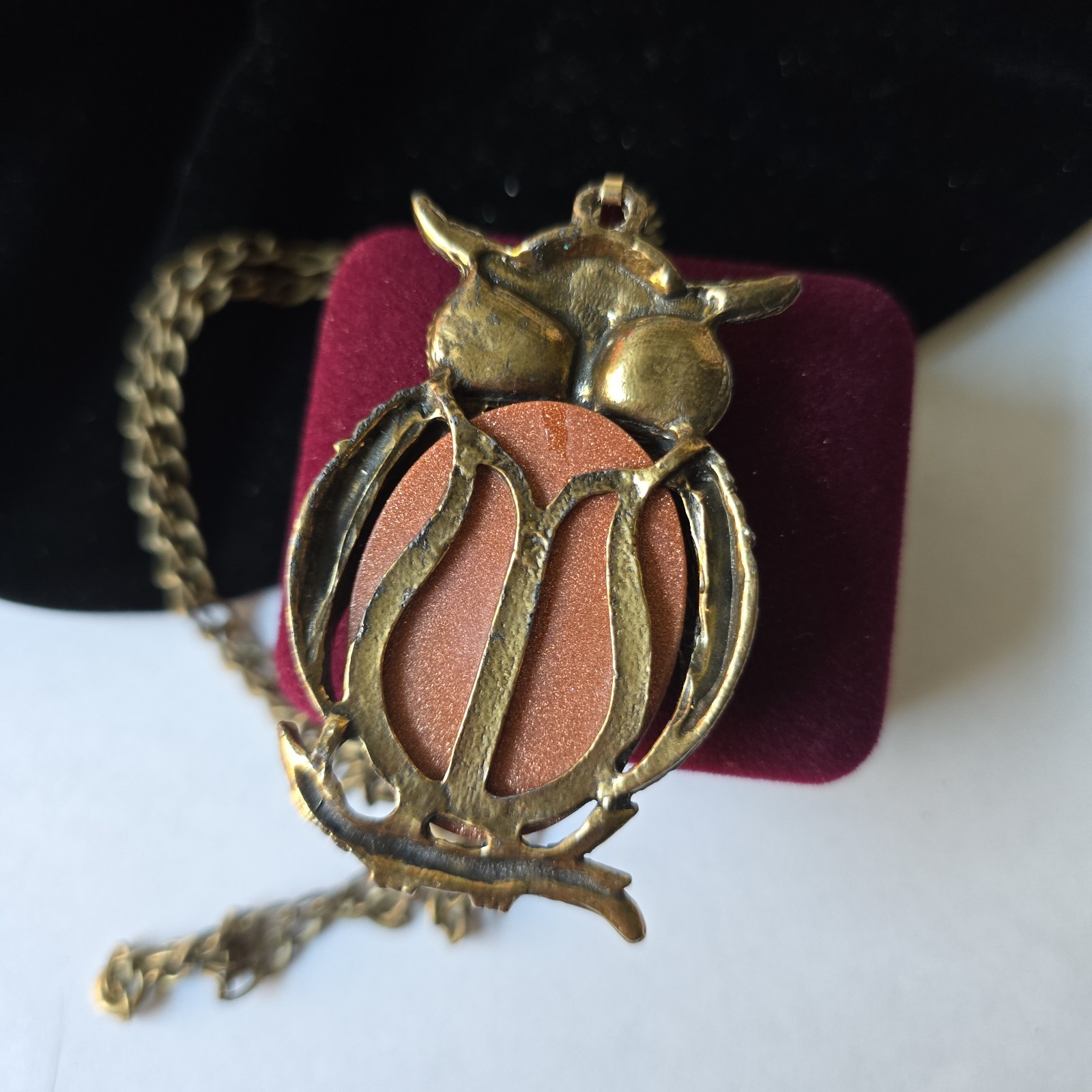 Vintage Bronze Tone Goldstone Belly Owl Pendant Chain Necklace 24″L