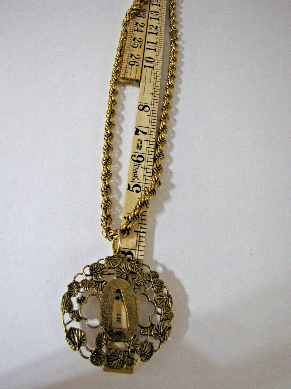 Vintage Alva Museum Replica Hollyhock Tsuba Pendant 30″ Rope Chain Signed Huge
