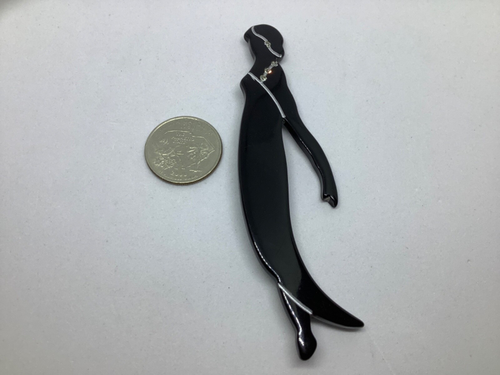 Vintage Lucite Brooch Pin Flapper Lady Black Clear Rhinestones Large 4 inch