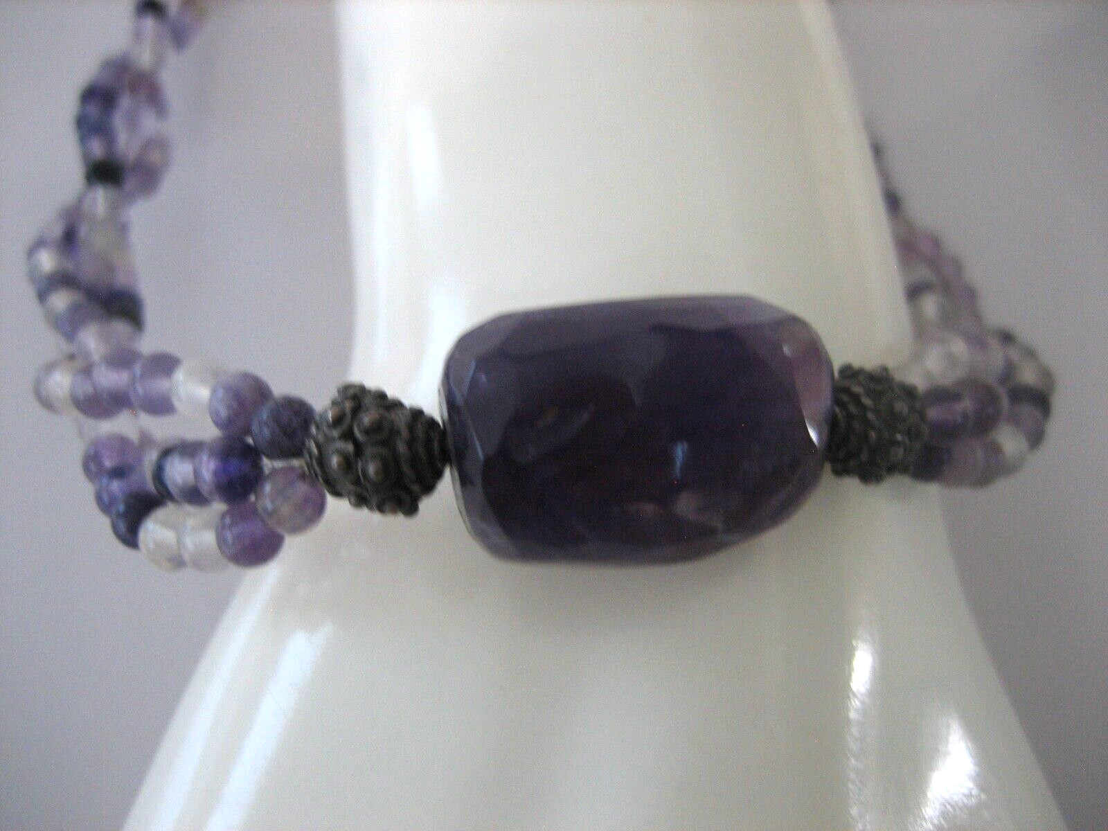 VINTAGE AMETHYST BEAD STERLING SILVER 17″ 3 STRAND NECKLACE