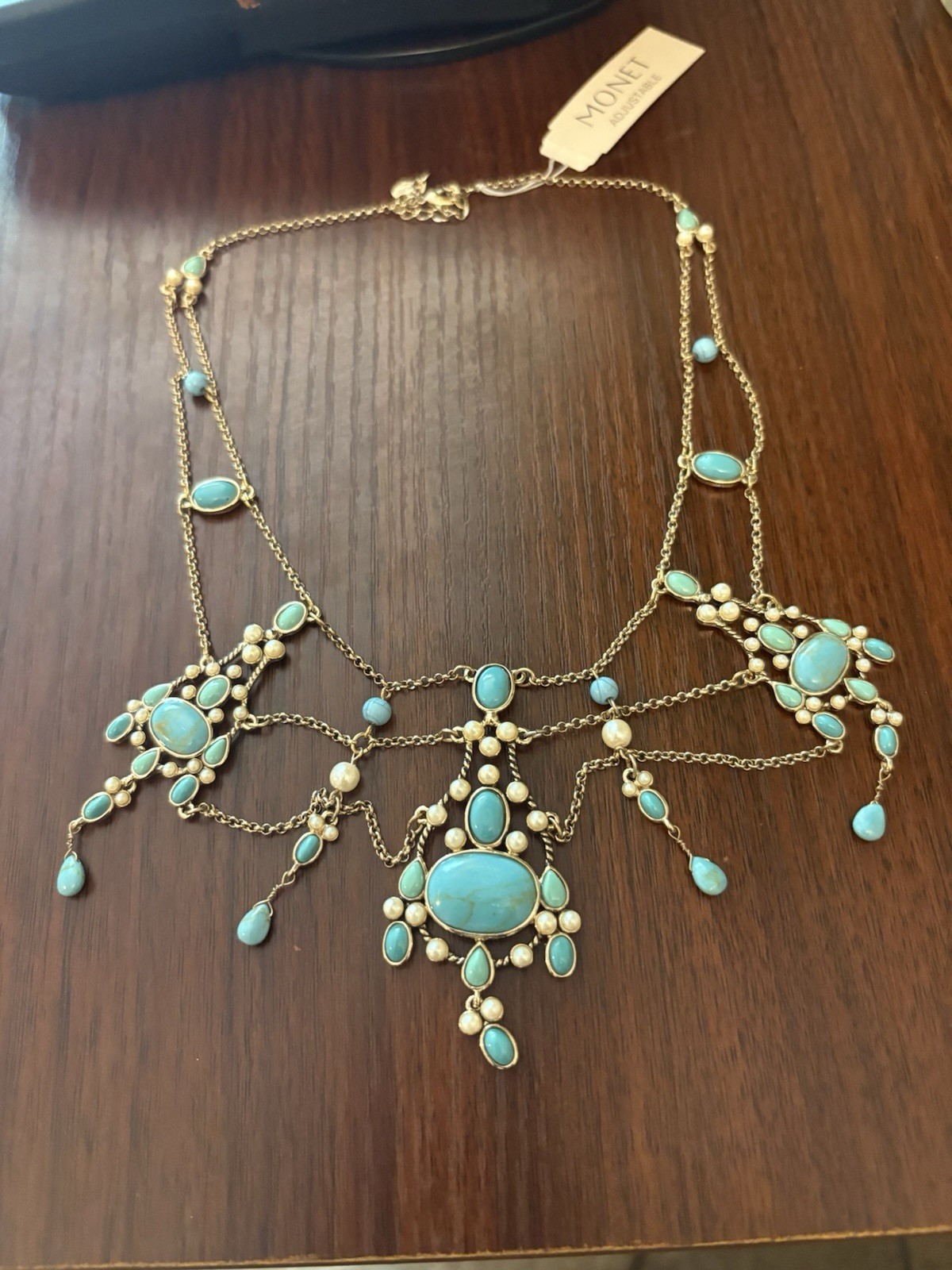 Monet Festoon Necklace Gold Tone, Faux Pearl Victorian Revival Design 15”