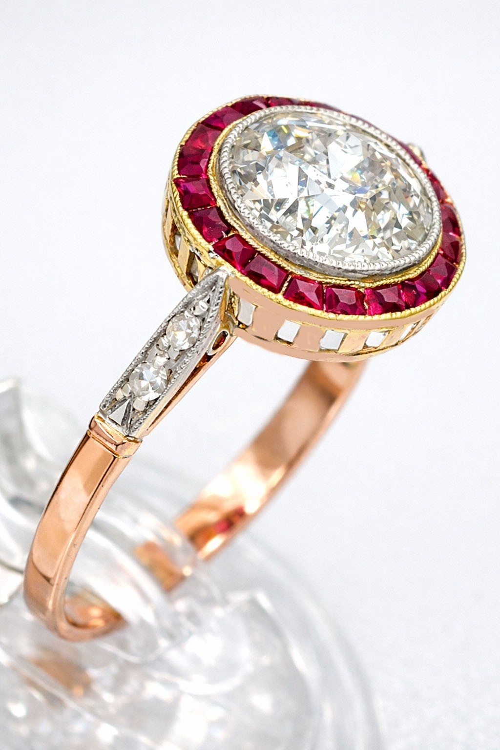 ART DECO GENUINE 1.20 Cts DIAMOND & RUBY ENGAGEMENT RING 18K ROSE SOLID GOLD