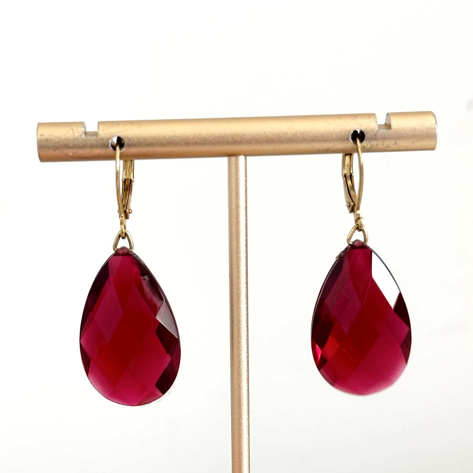 Vintage Joan Rivers Red Acrylic Faceted Crystal Gold Tone Leverback Earrings