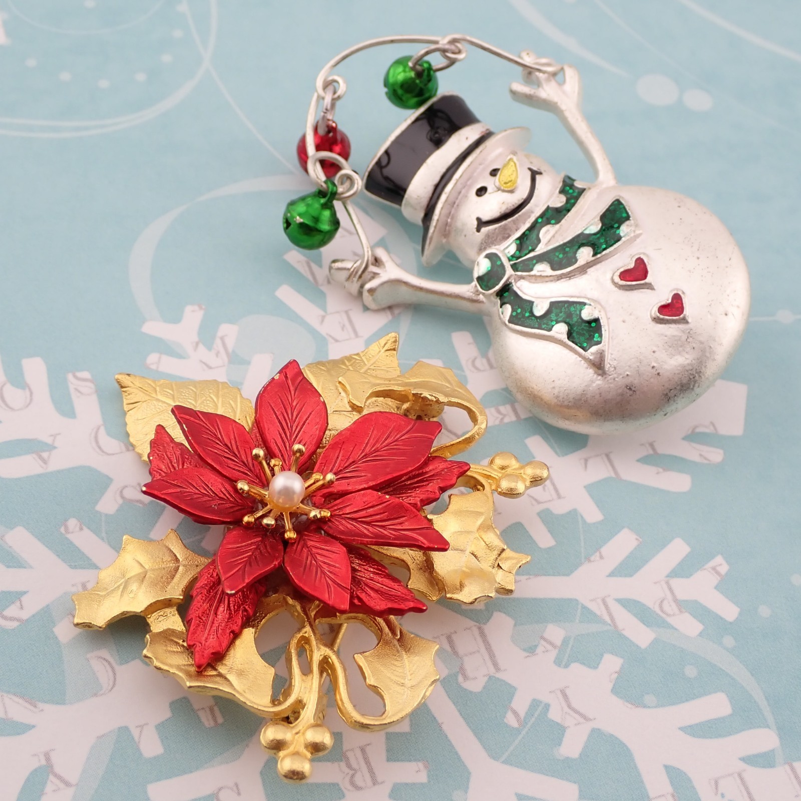 Vintage Snowman Holiday Red Poinsettia Enamel Christmas Pin Brooch Collection