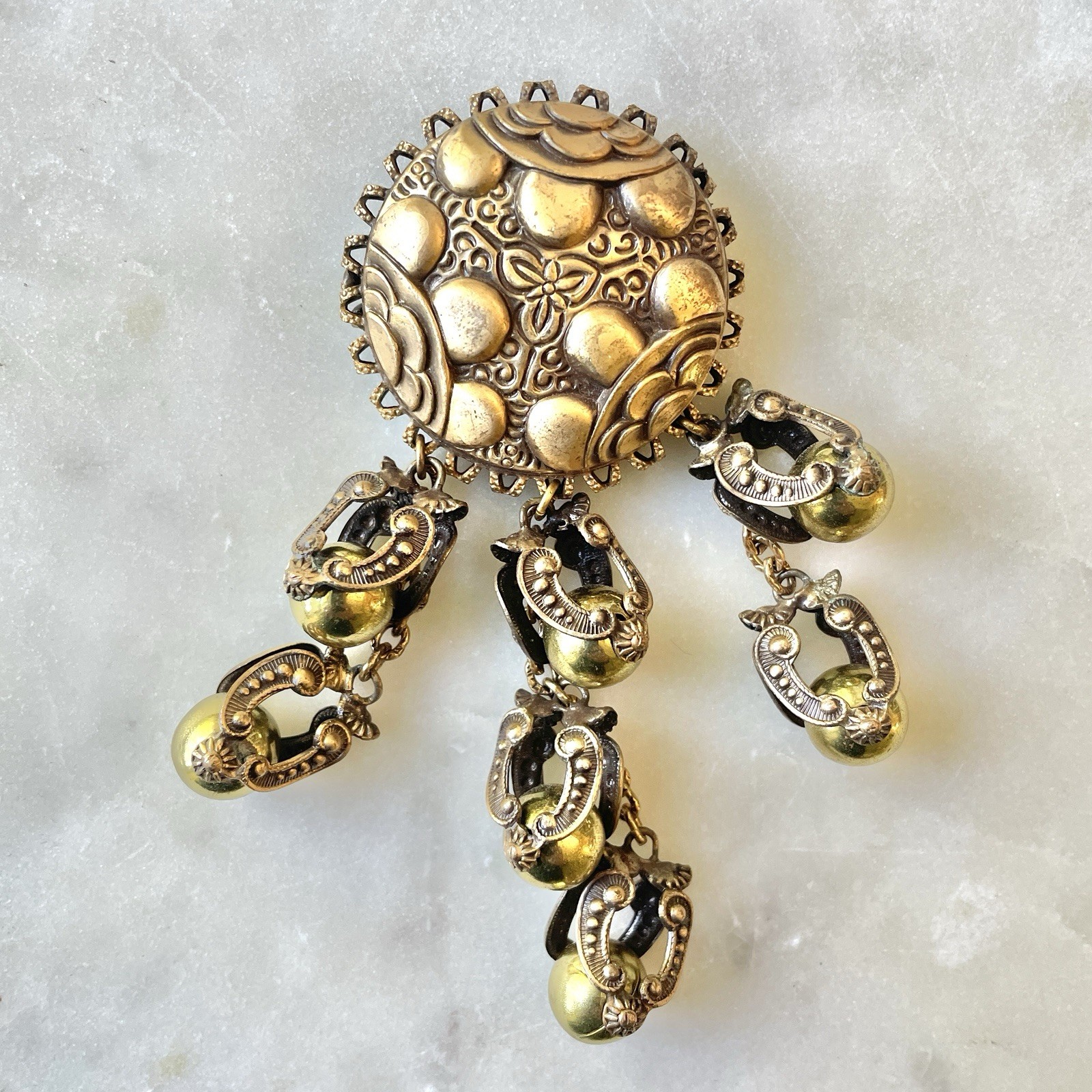 Sterling Button Company NY Brass Repousse Festoon Brooch Unsigned Statement