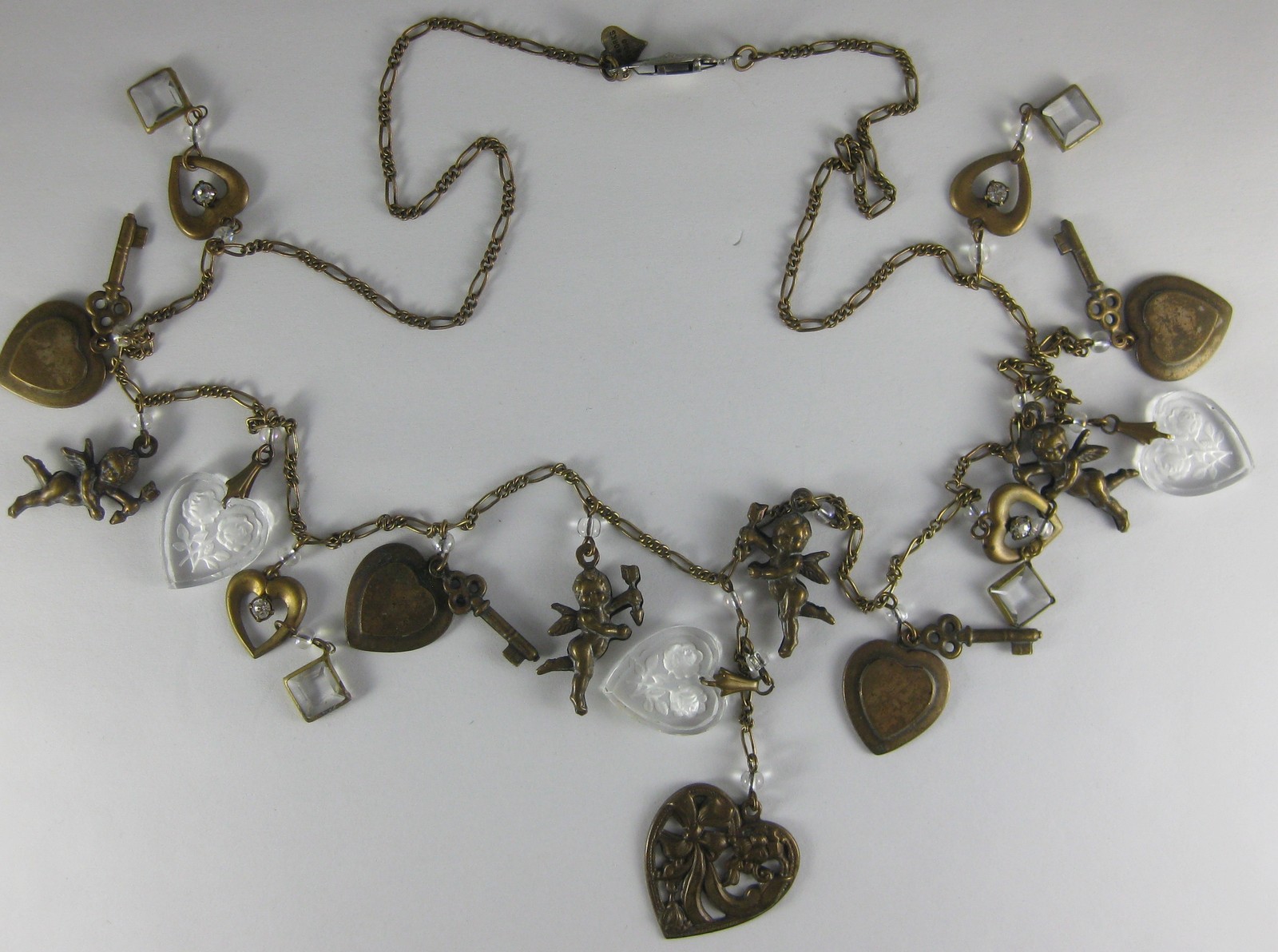 Glass Works Studio Vintage Brass Etched Glass Cherub & Heart Charm 30″ Necklace