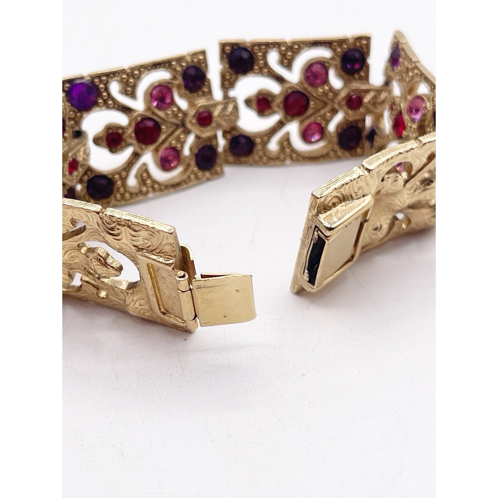 Vintage Gold Tone Panel Bracelet Openwork Filigree Red Purple Pink Rhinestones