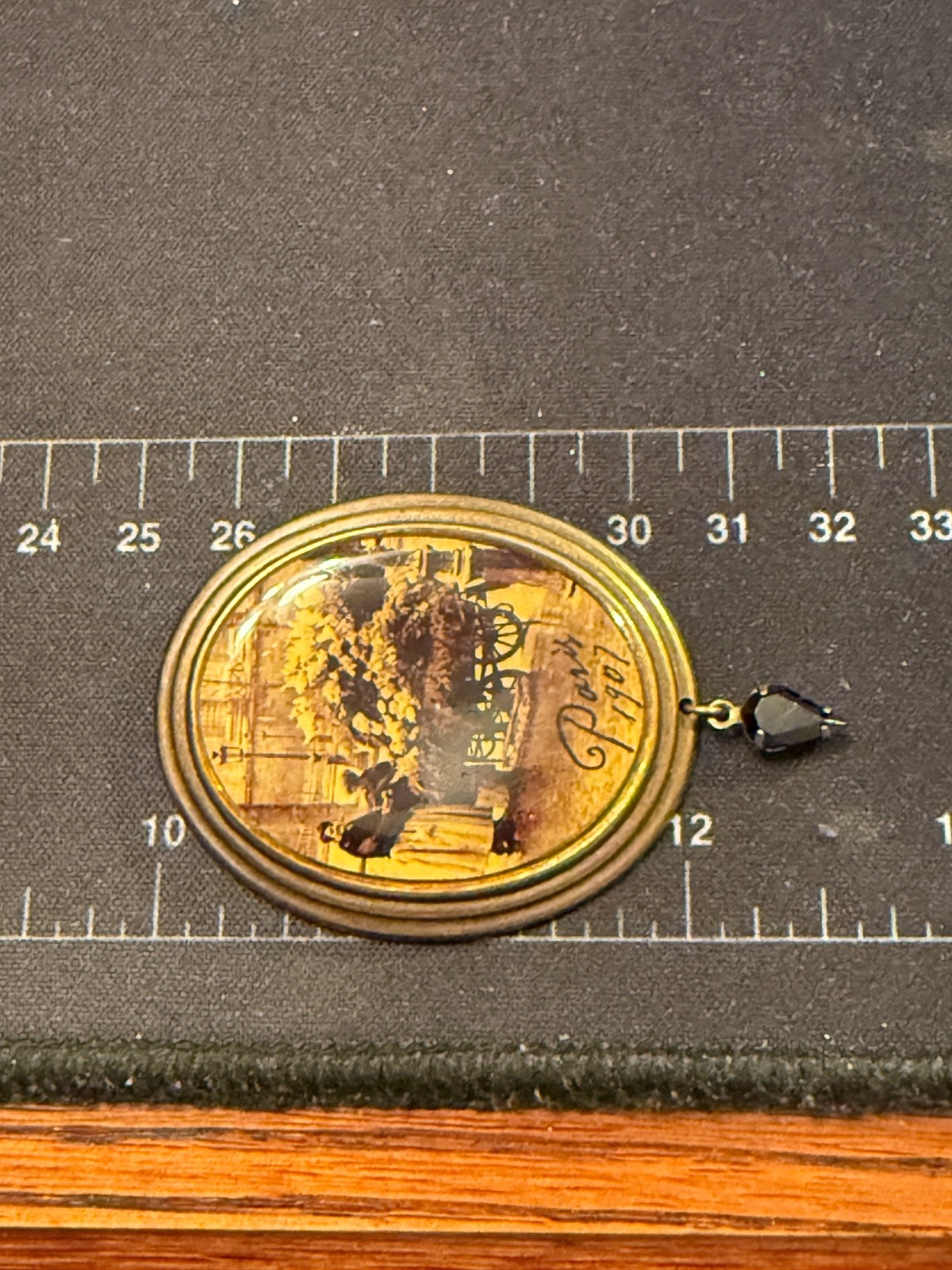Antique Brooch w/ Picture of Flower Cart & Woman Dated Paris 1907 w/ Black Stone