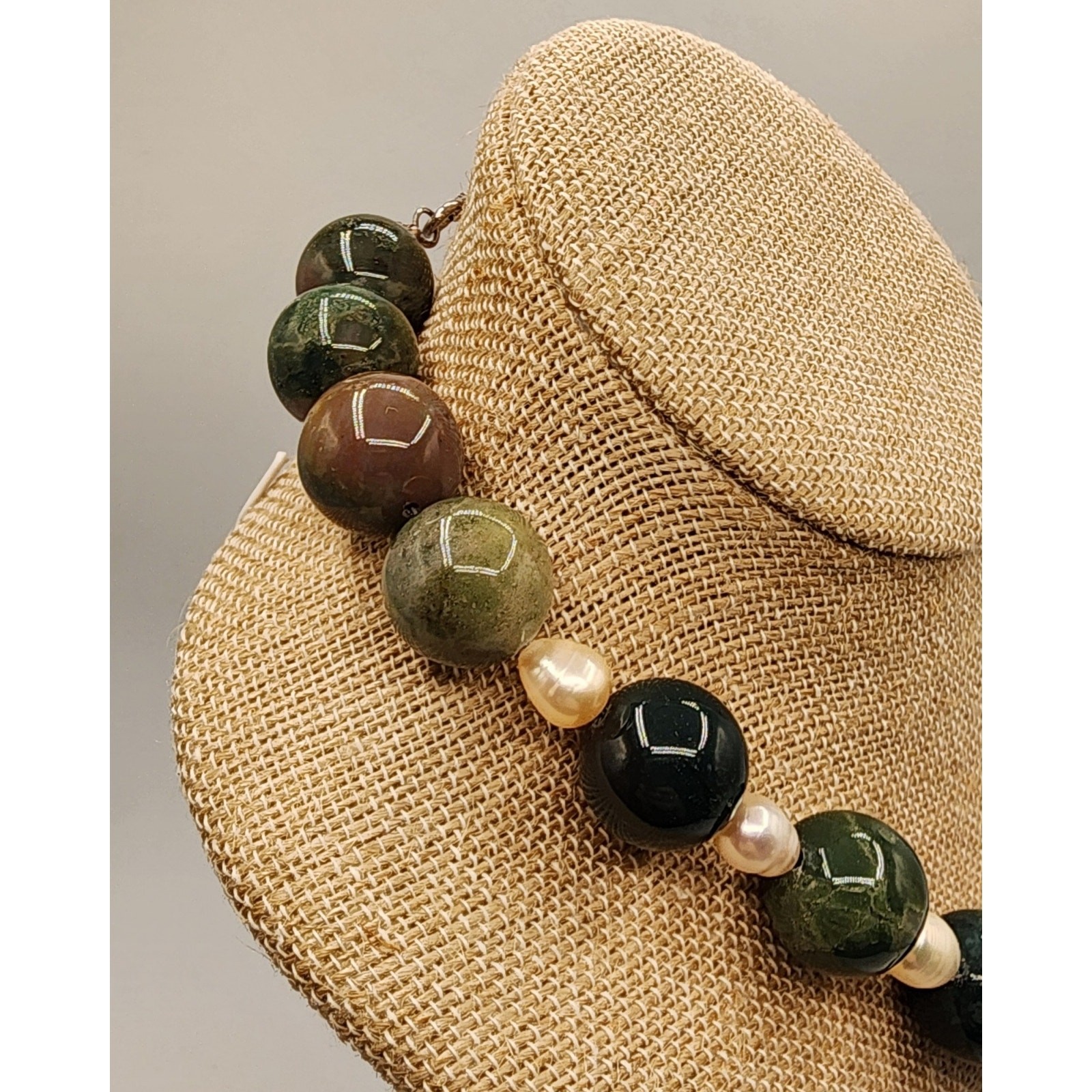 Vintage Artisan Agate & Pearl Necklace w/ Green Spot Jasper and Sterling Clasp