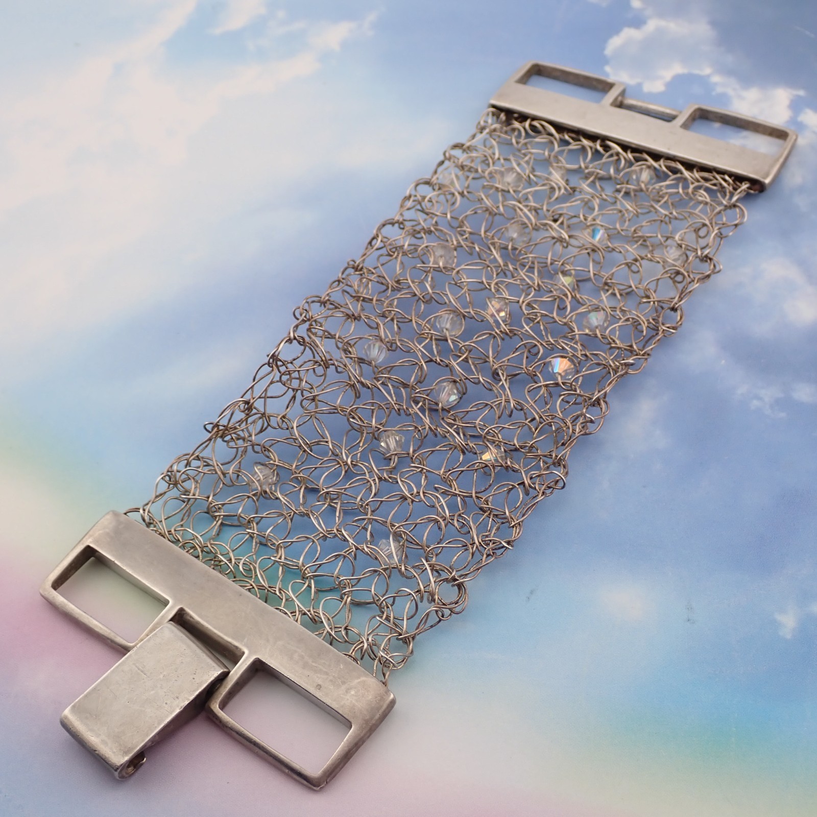 VTG Artisan Sterling Silver Wired Wide Crystal Mesh 6″ Wrap Bracelet 47.1 grams