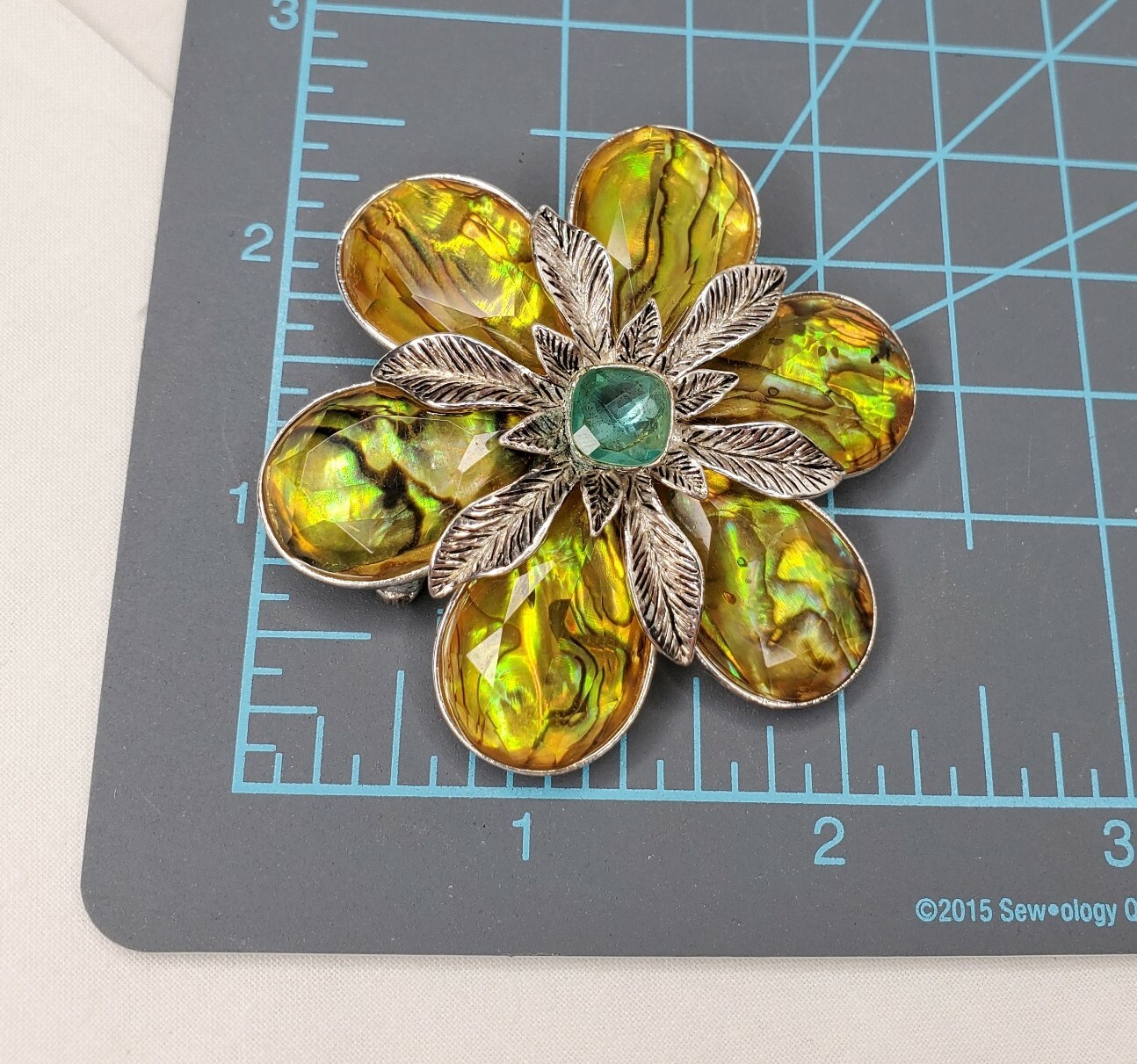 Vintage Monet Flower Brooch Yellow Acrylic Turquoise Faceted Stone Silver Tone
