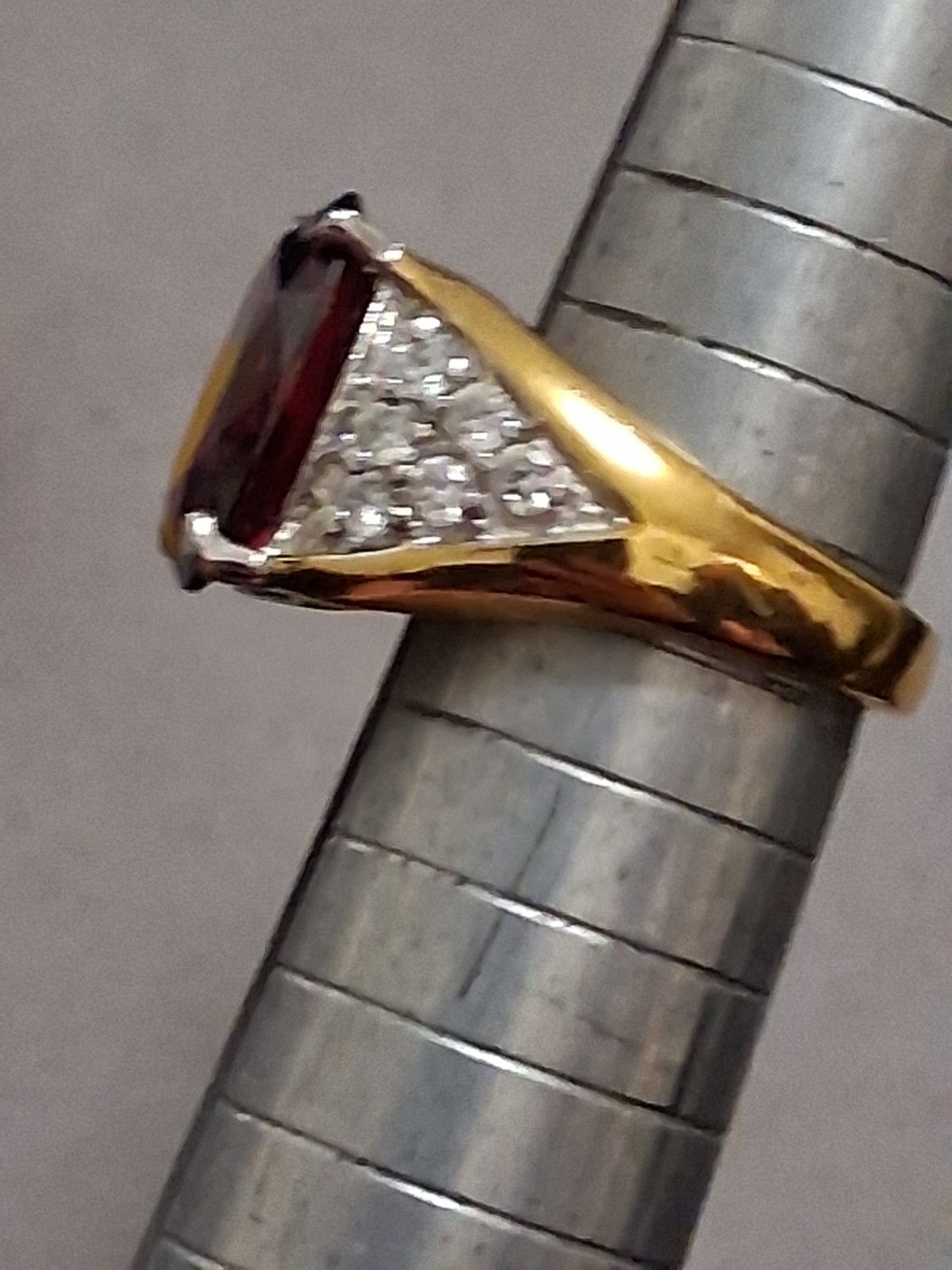 Deep red oval glass halo CZ accent ring, gold-tone, art deco style SZ 5.75