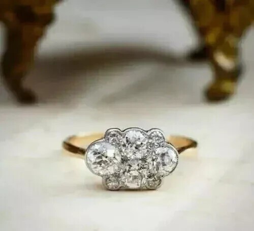 Vintage Cluster Lab Created Diamond Ring Antique Cloud 14K Two-Tone Gold Over