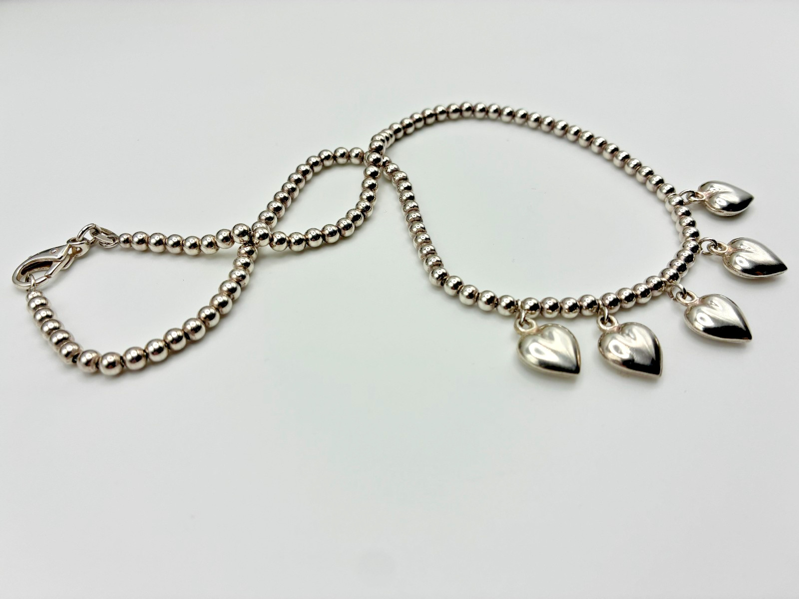 Vintage Italian 925 Silver Floating Bead Necklace with Five Puffy Dangle Hearts