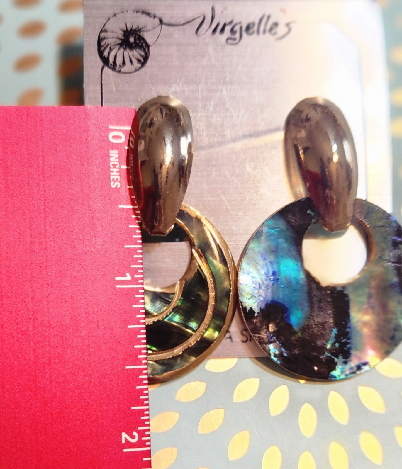 VTG NOS!! Peacock Paua Shell Doornocker Goldtone 2 In 1 Earrings