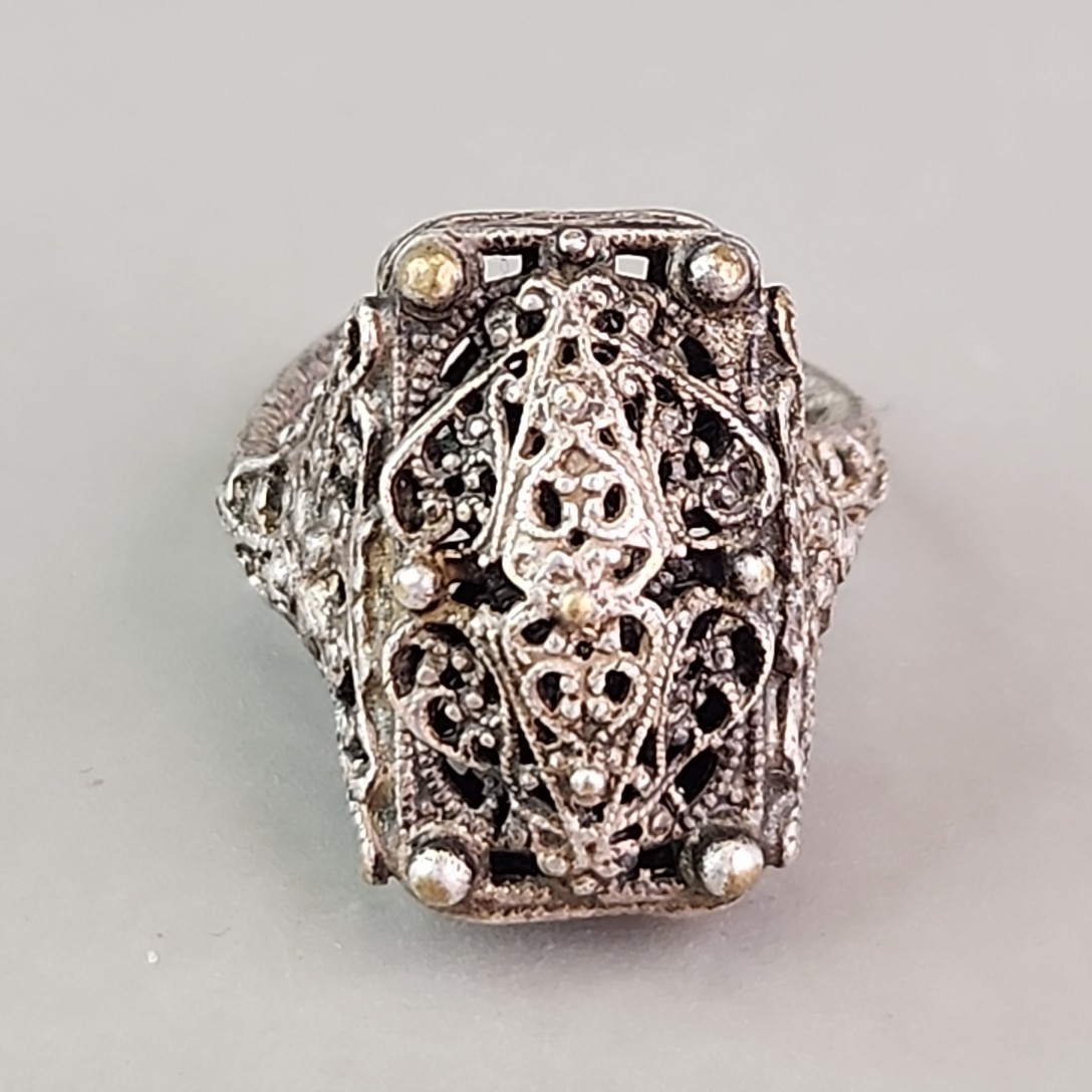 Filigree Statement Cuff Ring Brass Silver Tone Rectangle Heavy 7.5