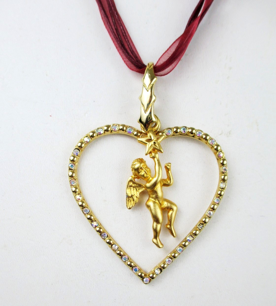 Vintage Gold Cherub Angel AB Rhinestone Heart Necklace LR 1996 Lady Remington