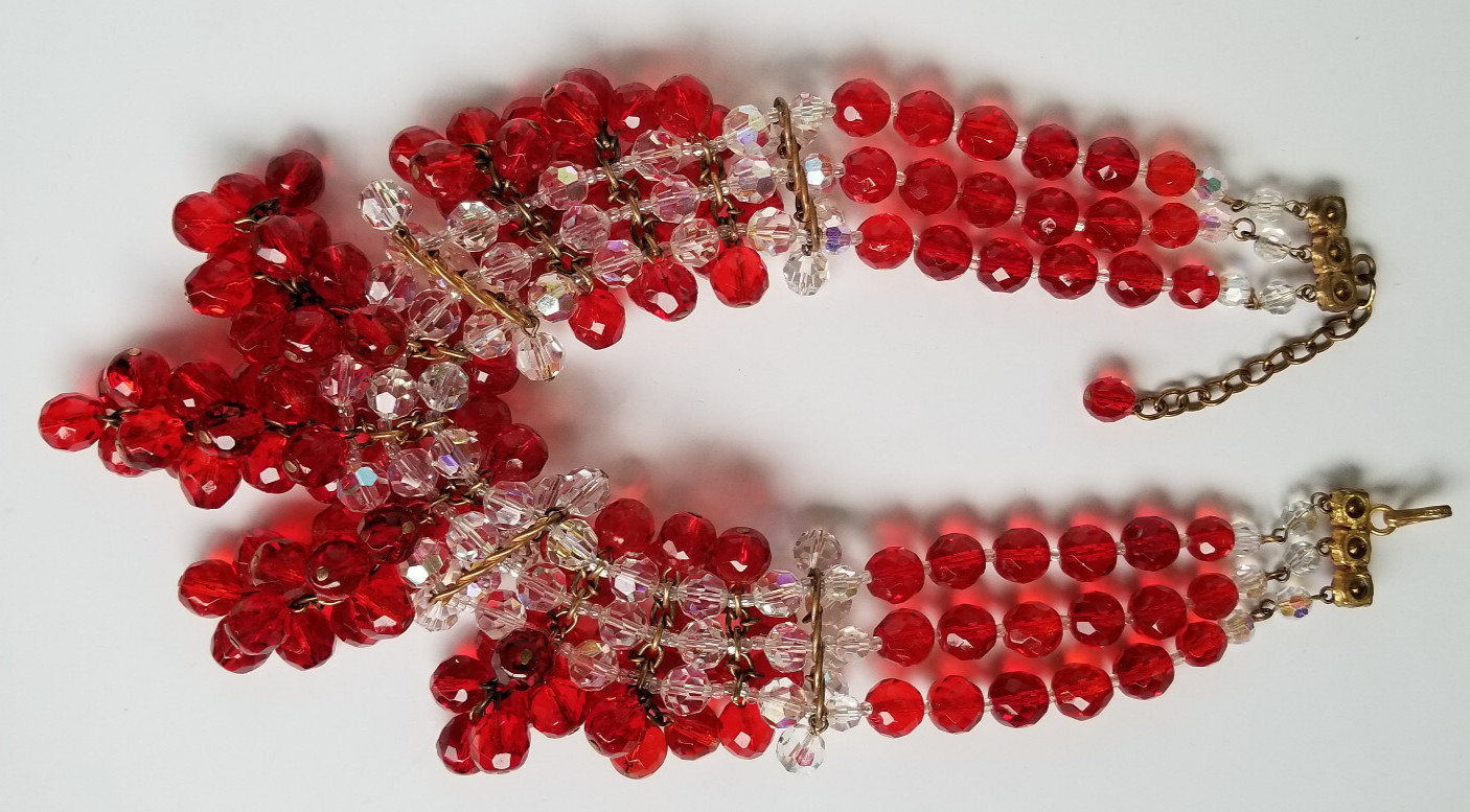 Vintage Signed France AB Bead & Red Glass Cluster Bead Necklace