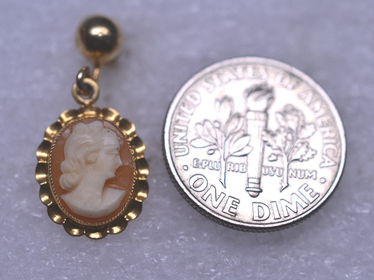 VINTAGE BDA 10K YELLOW GOLD SHELL CAMEO DANGLE SCREW BACK NON-PIERCED EARRINGS