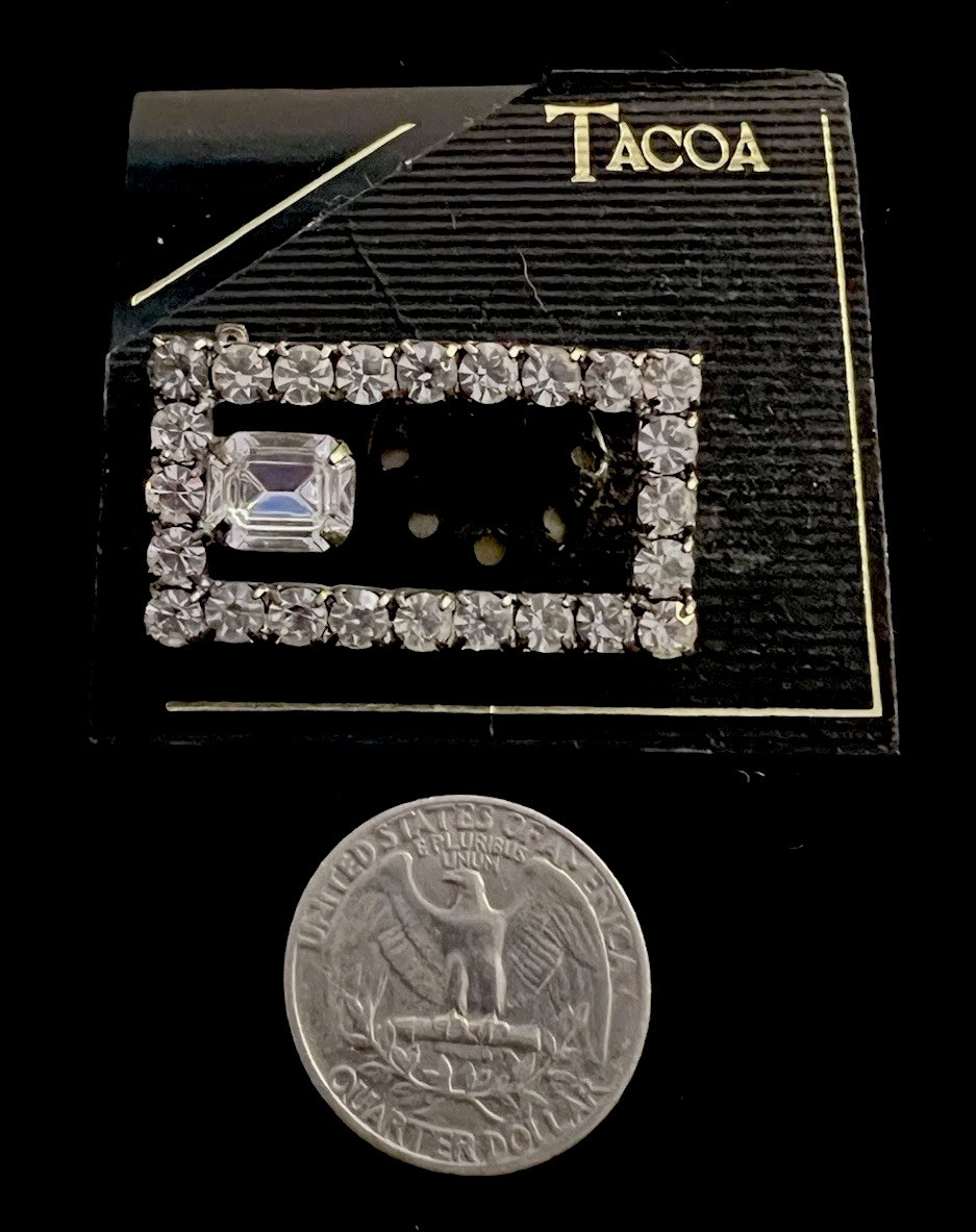Vintage TACOA Silvertone Rhinestone Rectangular Brooch With Large Middle Stone