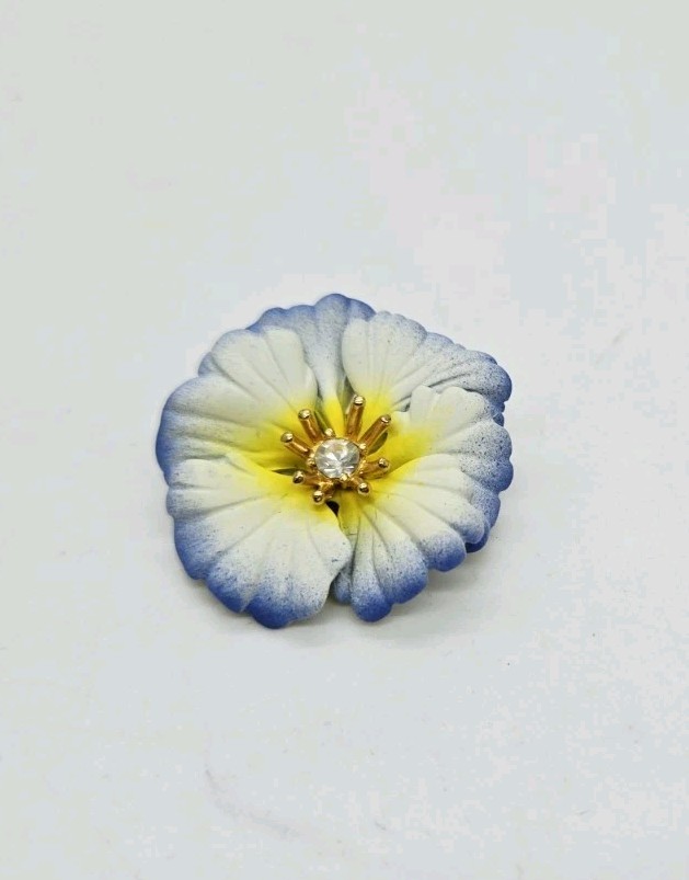 Joan Rivers Brooch White Blue Yellow Pansy Rhinestone Flower Pin Vintage