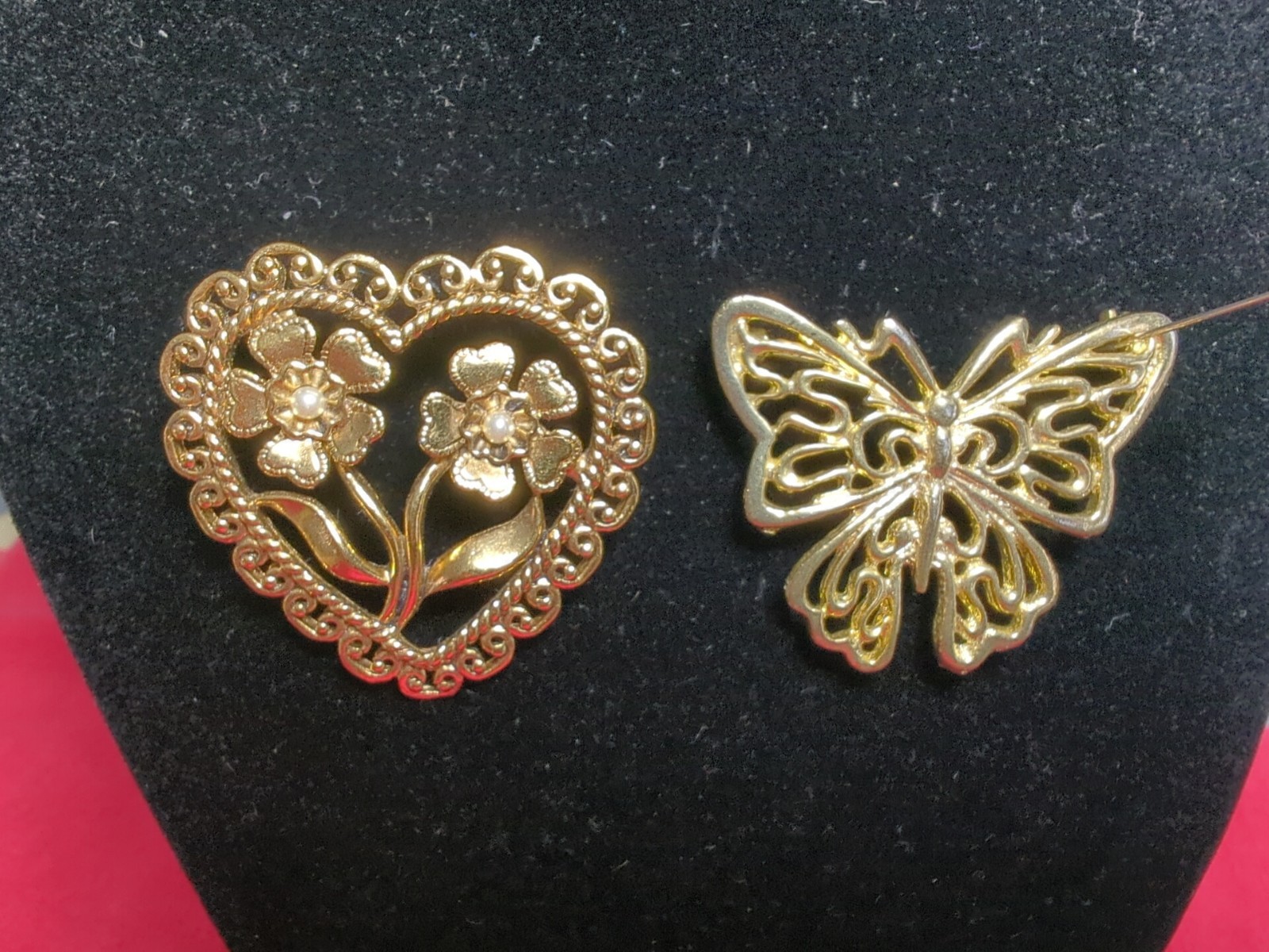 Goldtone Flower and Heart Faux Pearls Brooch & Filigree Butterfly Pin Vintage