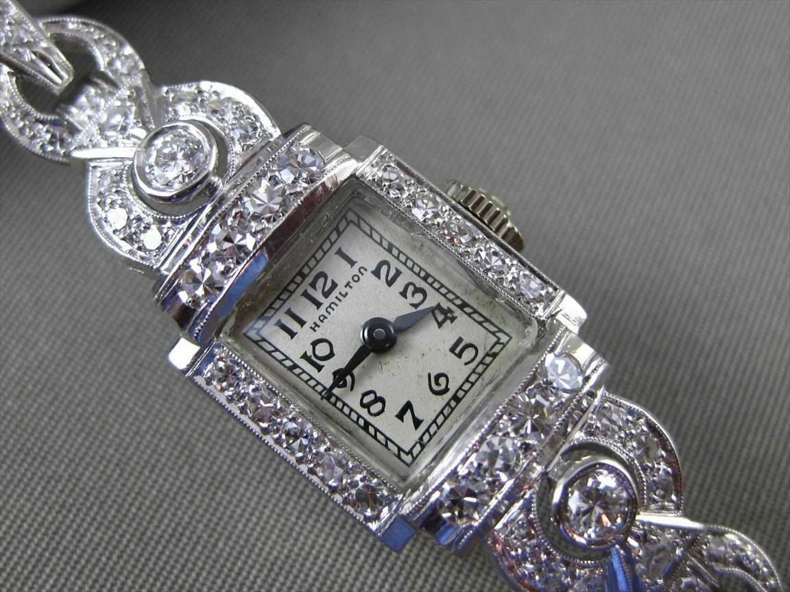 ANTIQUE LARGE 2.30CT OLD MINE DIAMOND PLATINUM HAMILTON WATCH F VVS/VS #14090