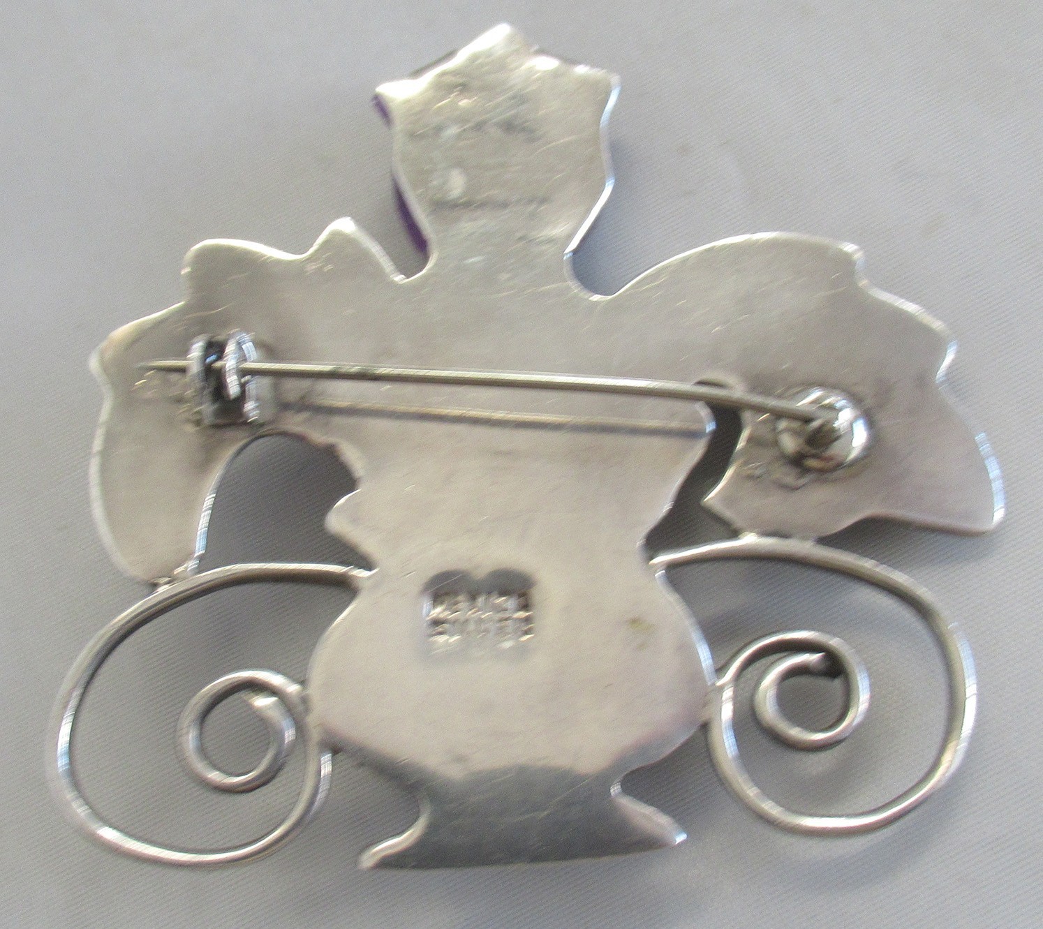 SPRATLING ERA STERLING BROOCH w AMETHYST FLOWER, 2 3/8 INCHES