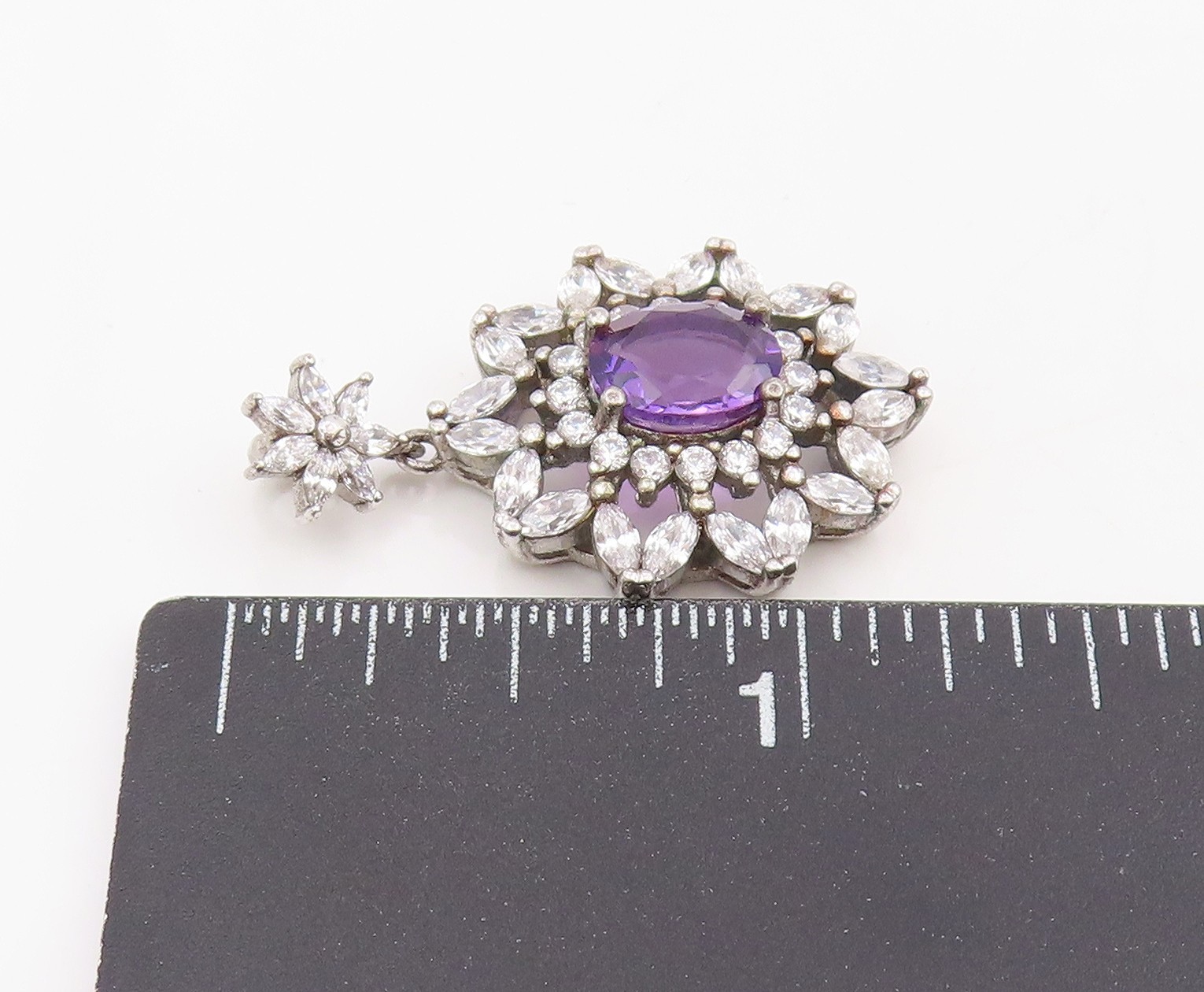 925 Sterling Silver Vintage Pendant Amethyst & Halo CZ Floral Cluster PT25563