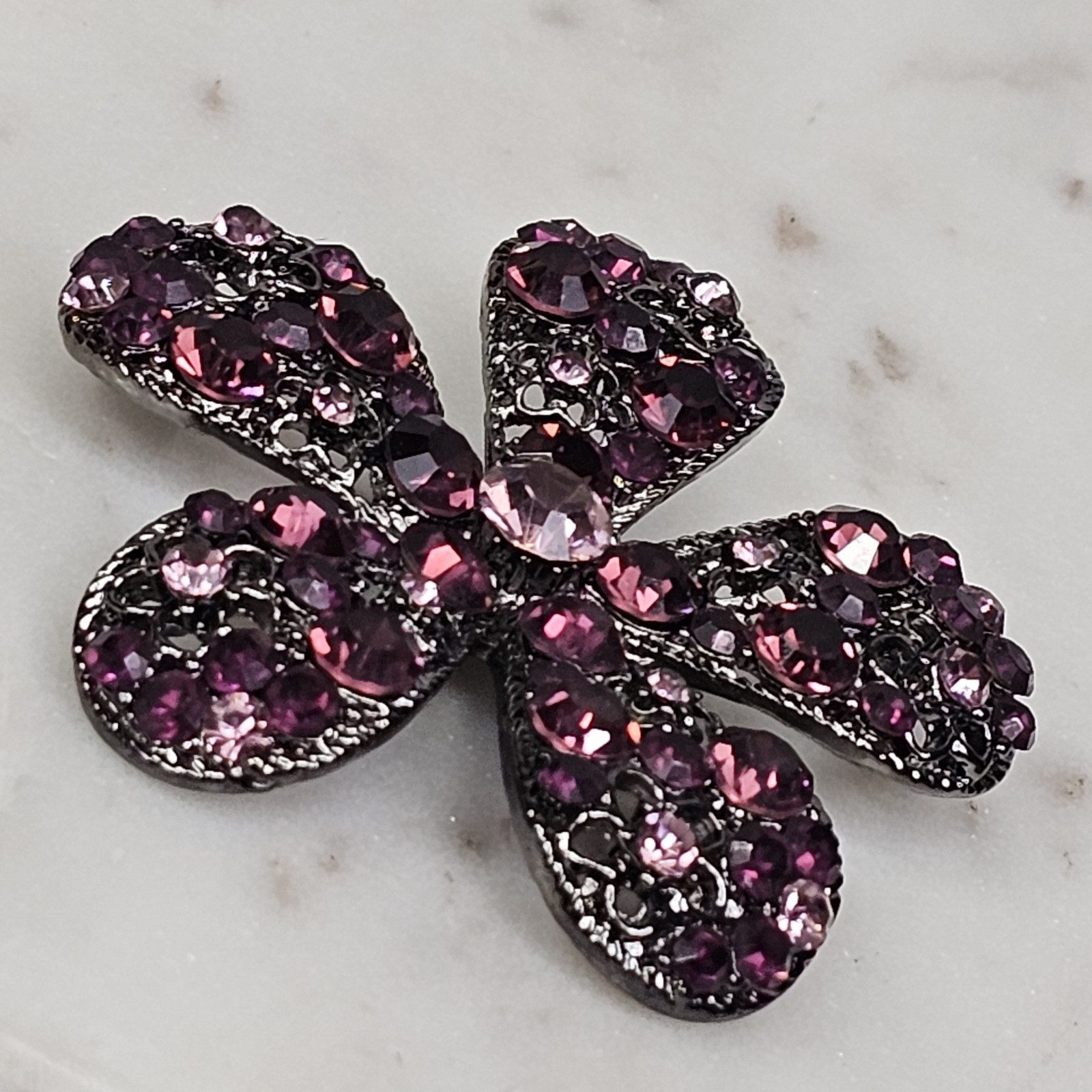 Vintage Purple Flower Rhinestone Gunmetal Pink Crystals Brooch Estate