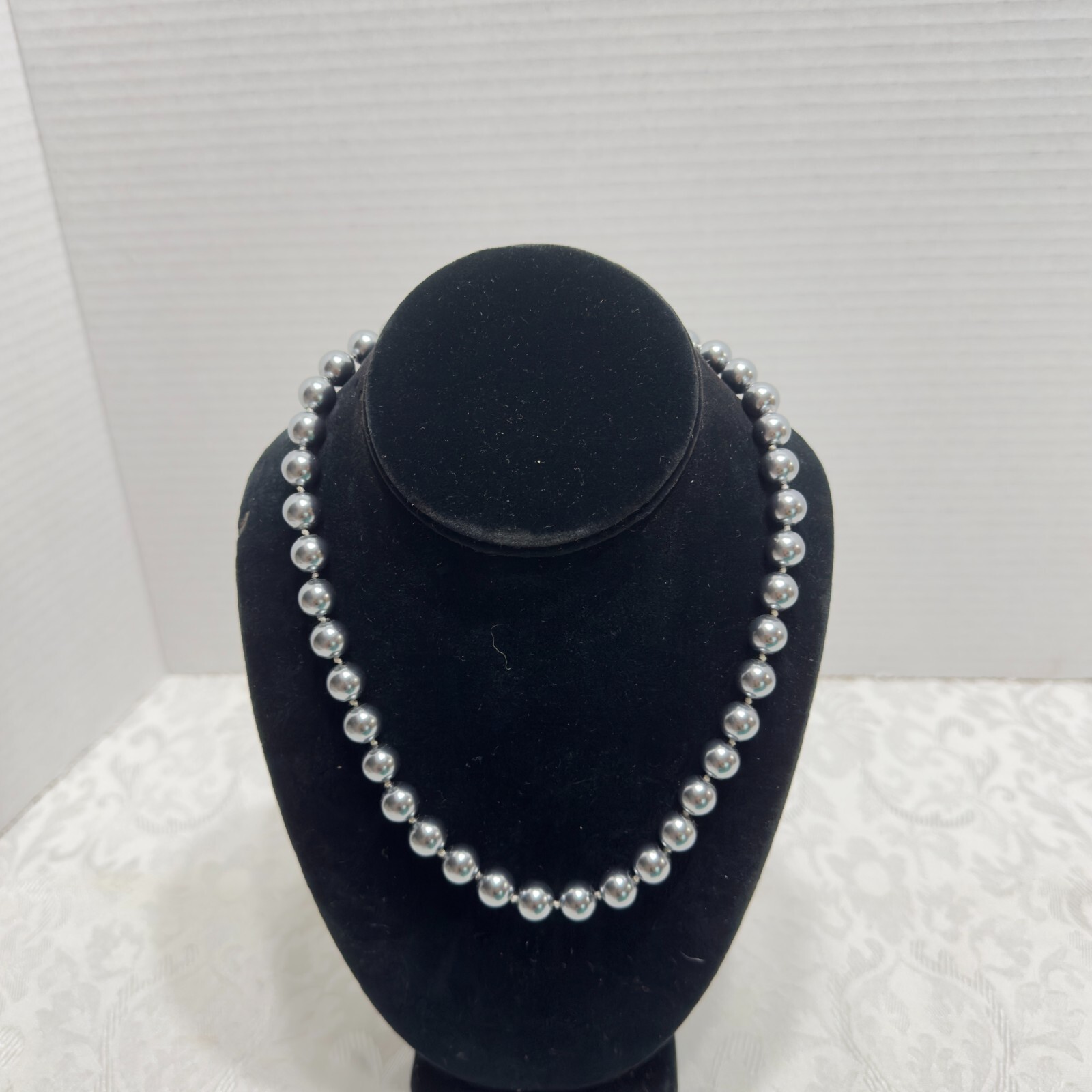Faux Grey Gray Pearl Necklace And Bracelet Set Heart Lock Clasp Rhinestones