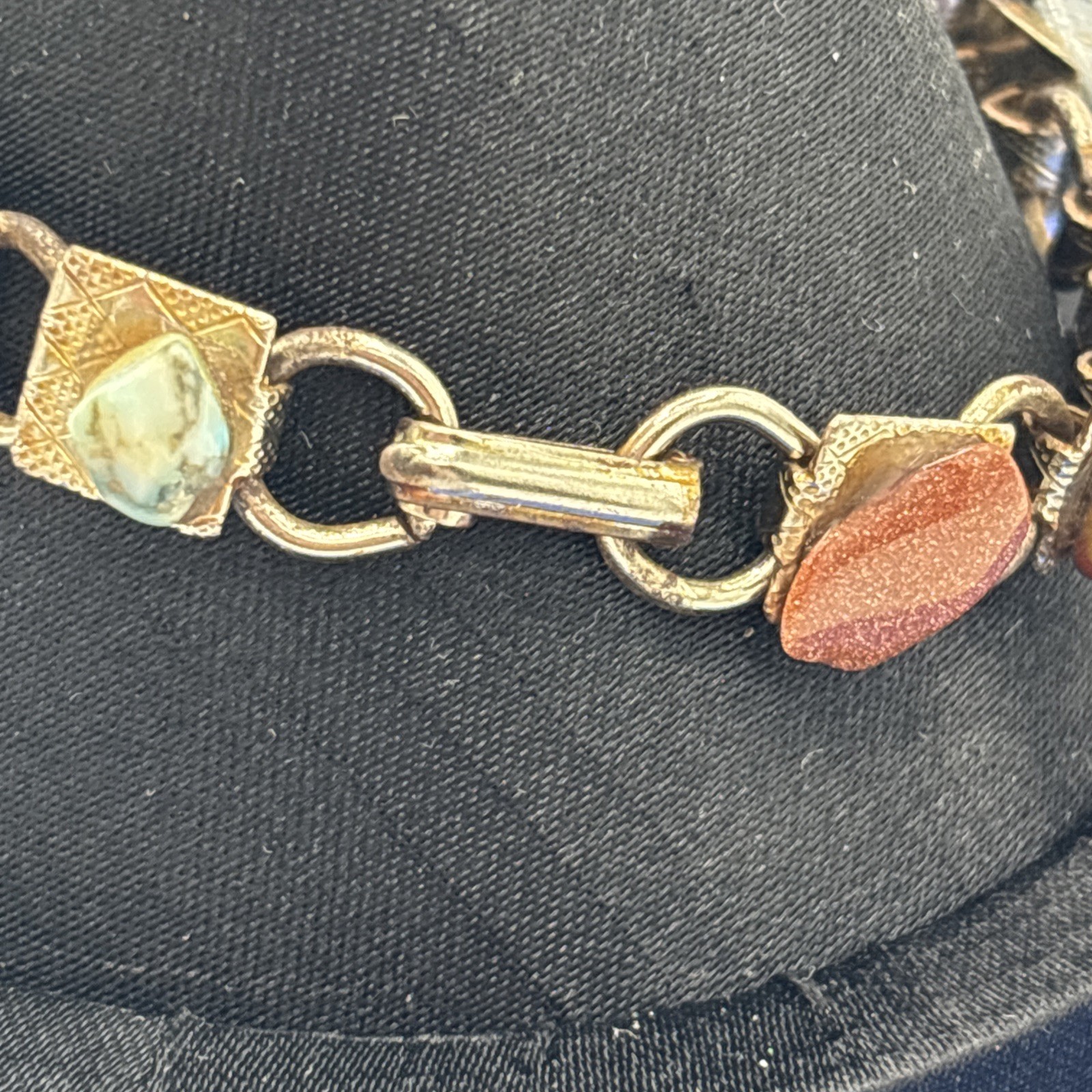 Vintage Semi Precious Stone Link Bracelet Goldstone Rose Quartz Goldstone 6.75”