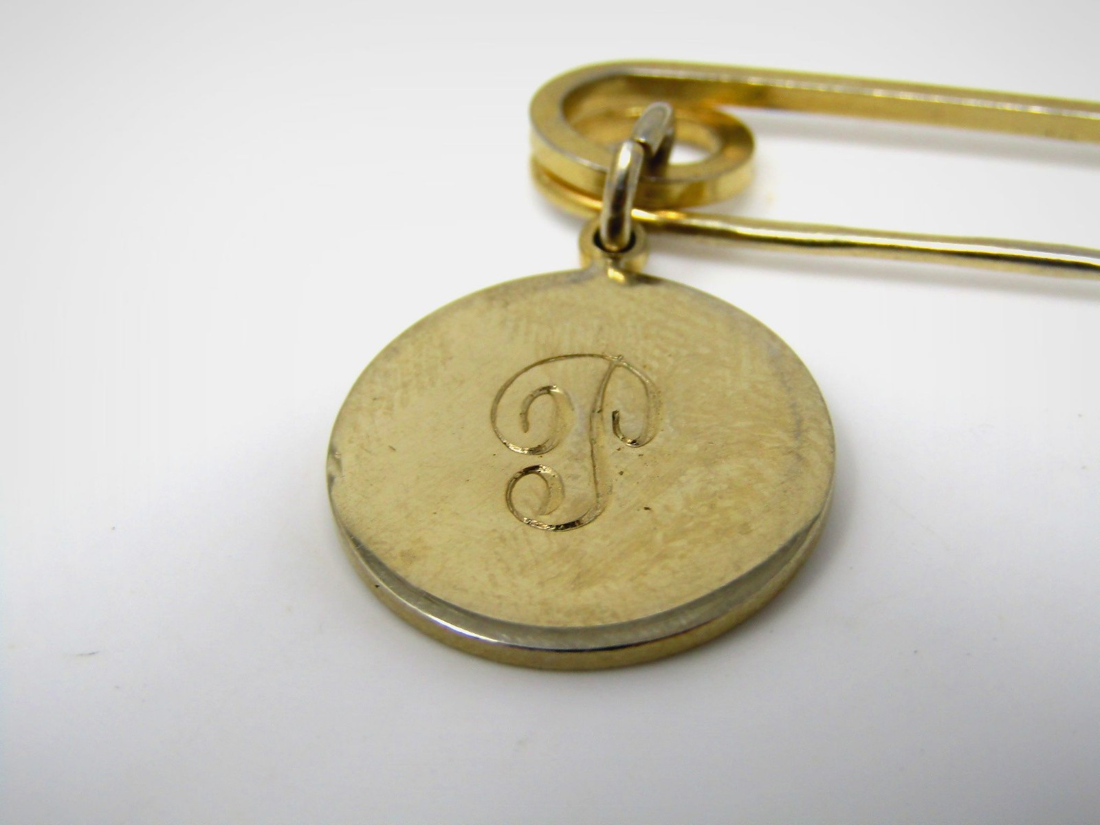 Vintage Letter P Initial Monogram Charm Gold Tone Safety Pin Brooch Collar Pin
