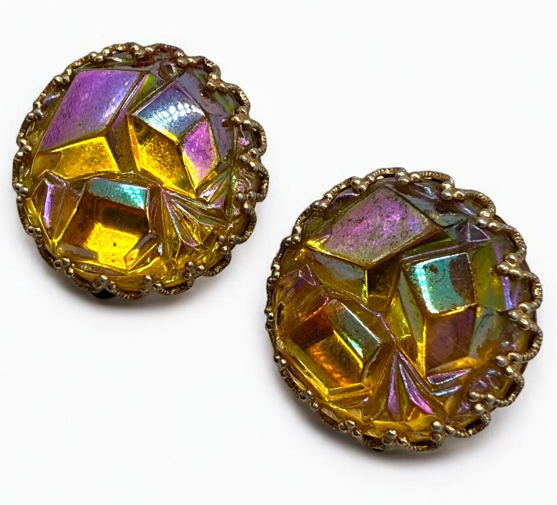 Vintage Western Germany Geode AB Glass Rhinestones Earrings Clip On