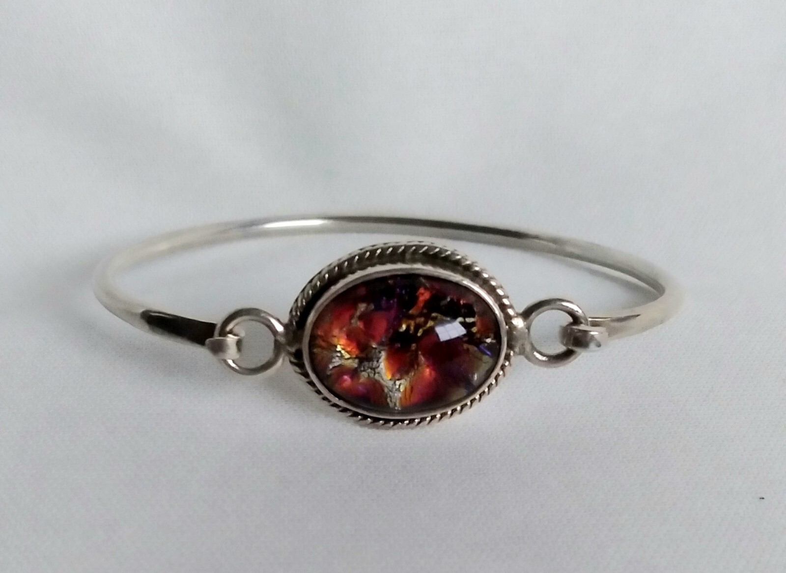 Vintage Mexico 925 Rope Accented Oval Diachroic Glass Tension Bangle Bracelet