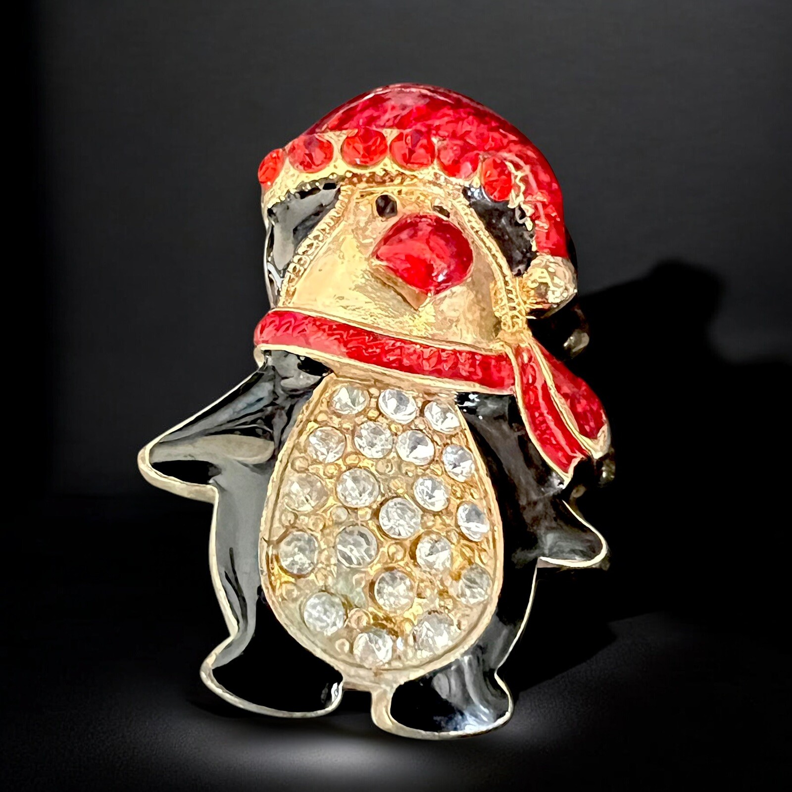 Penguin Christmas Brooch Red Enamel Hat Rhinestones Gold Tone Vintage Holiday