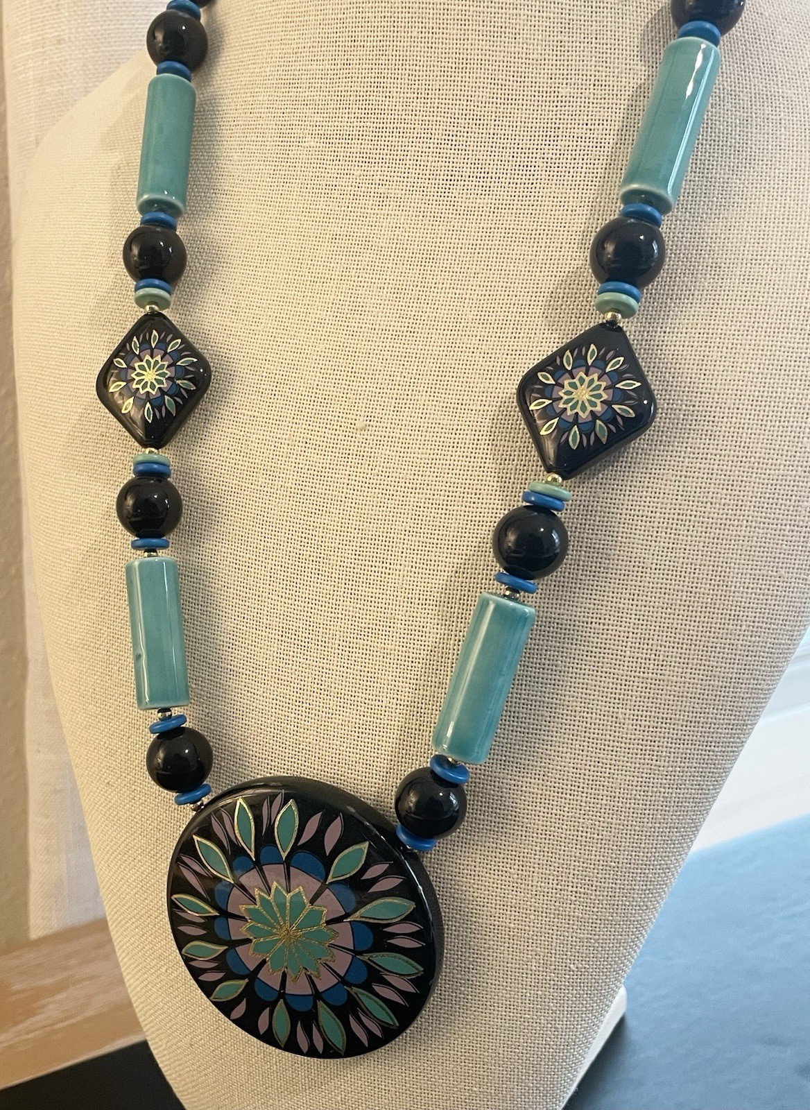 Boho Vintage Flower Japan Necklace Ceramic Wood Acrylic Gold Tone Clasp