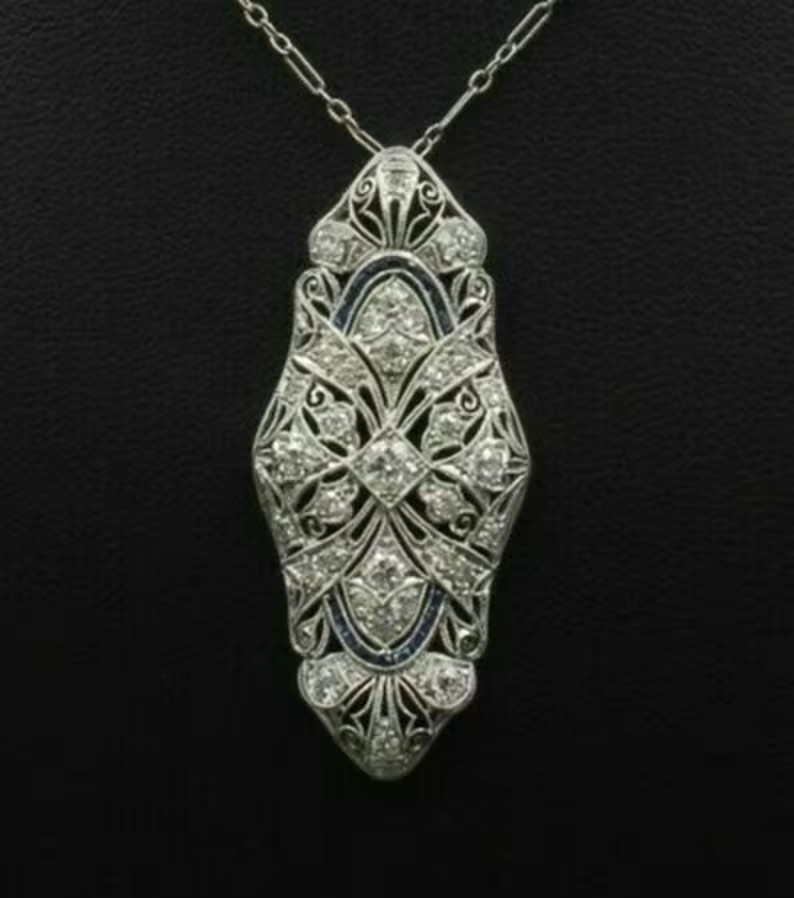 Vintage Art Deco Style Old European Cut Lab Created Diamond 925 Silver Pendant