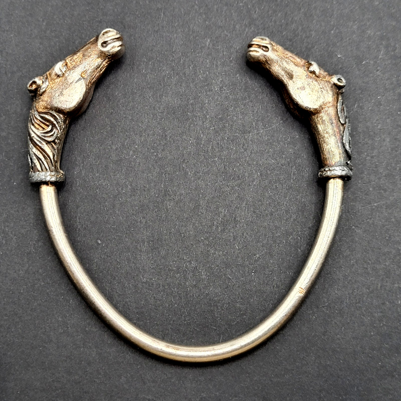 Double Horse Head Pewter Plated Copper w Patina Vintage 70s Torque Cuff Bracelet