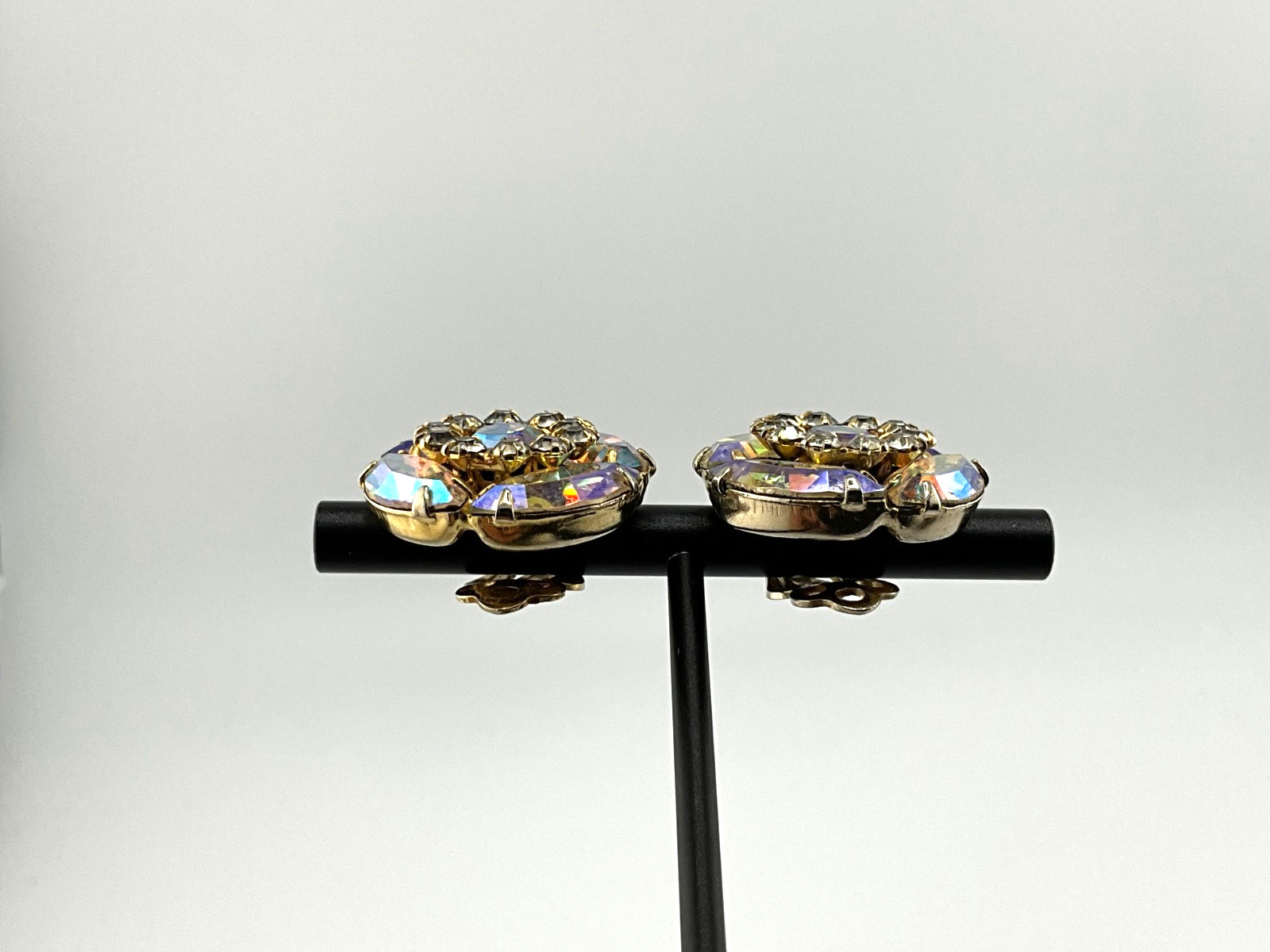 Vintage Aurora Borealis Crystal Earrings Mid Century Hollywood Regency Glam