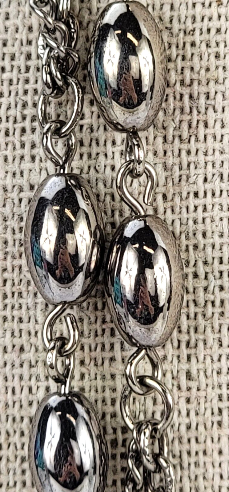 Vintage Silver-Tone Double Chain Oval Metal Bead Charm Station Necklace 54 in