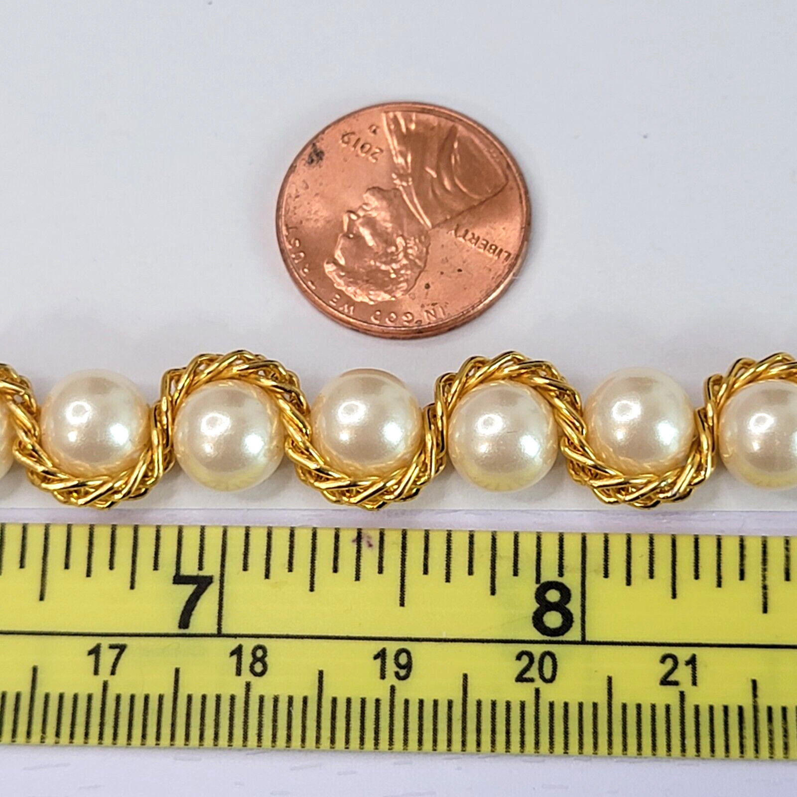 Gold Tone Chain Wrapped Faux-Pearl Necklace 19 Inch Cream Color Hook Clasp