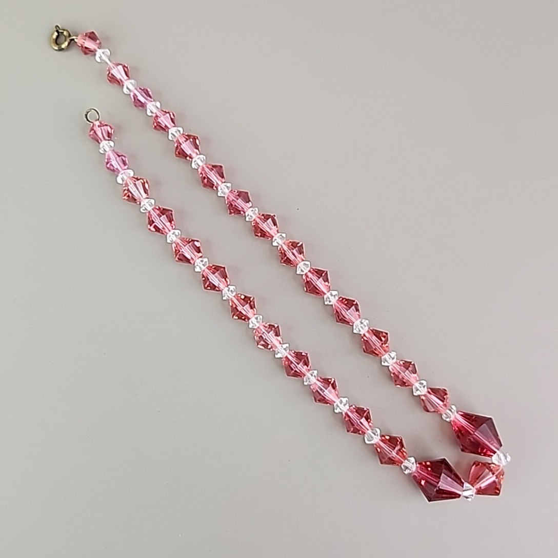Vintage Glass Beaded Necklace Pink Bicone Graduated Short Choker 14″