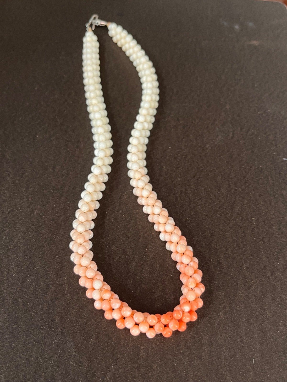 Vintage White to Peach Salmon Color Woven Coral Necklace from Japan