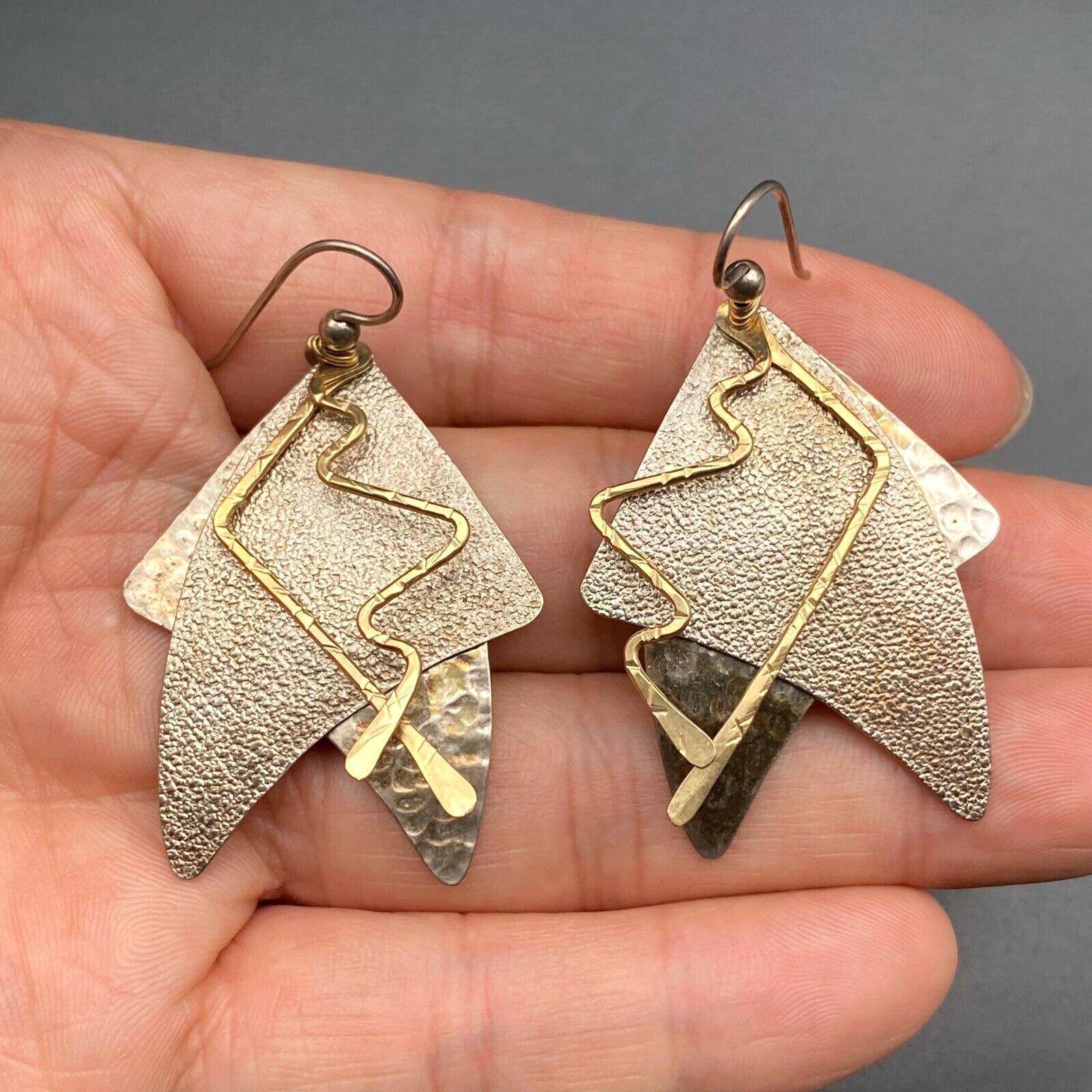 Vintage Modernist Mixed Metal Sterling Silver Dangle Earrings